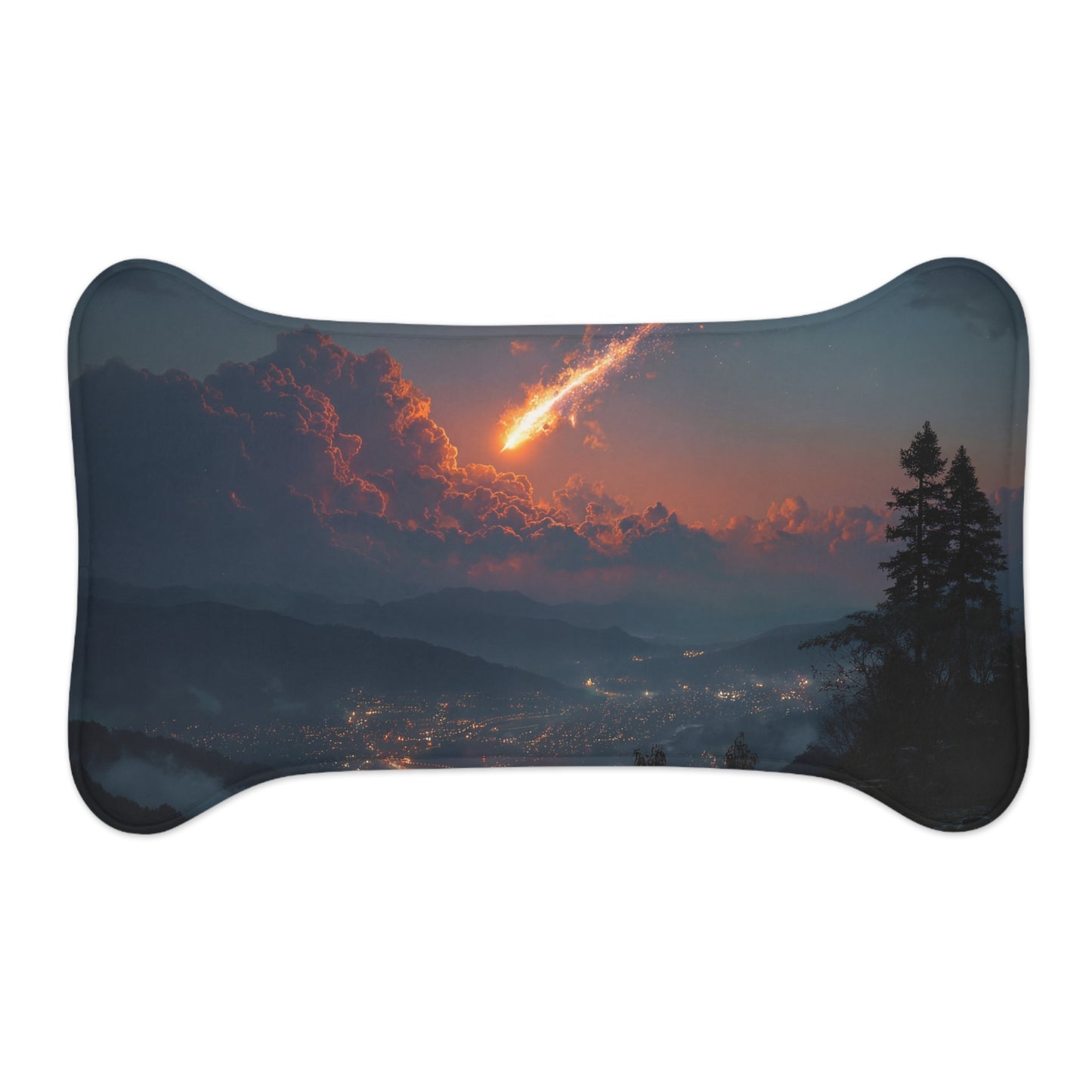 Meteor Over Valley Pet Feeding Mats – Fiery Trail Across Twilight Hills
