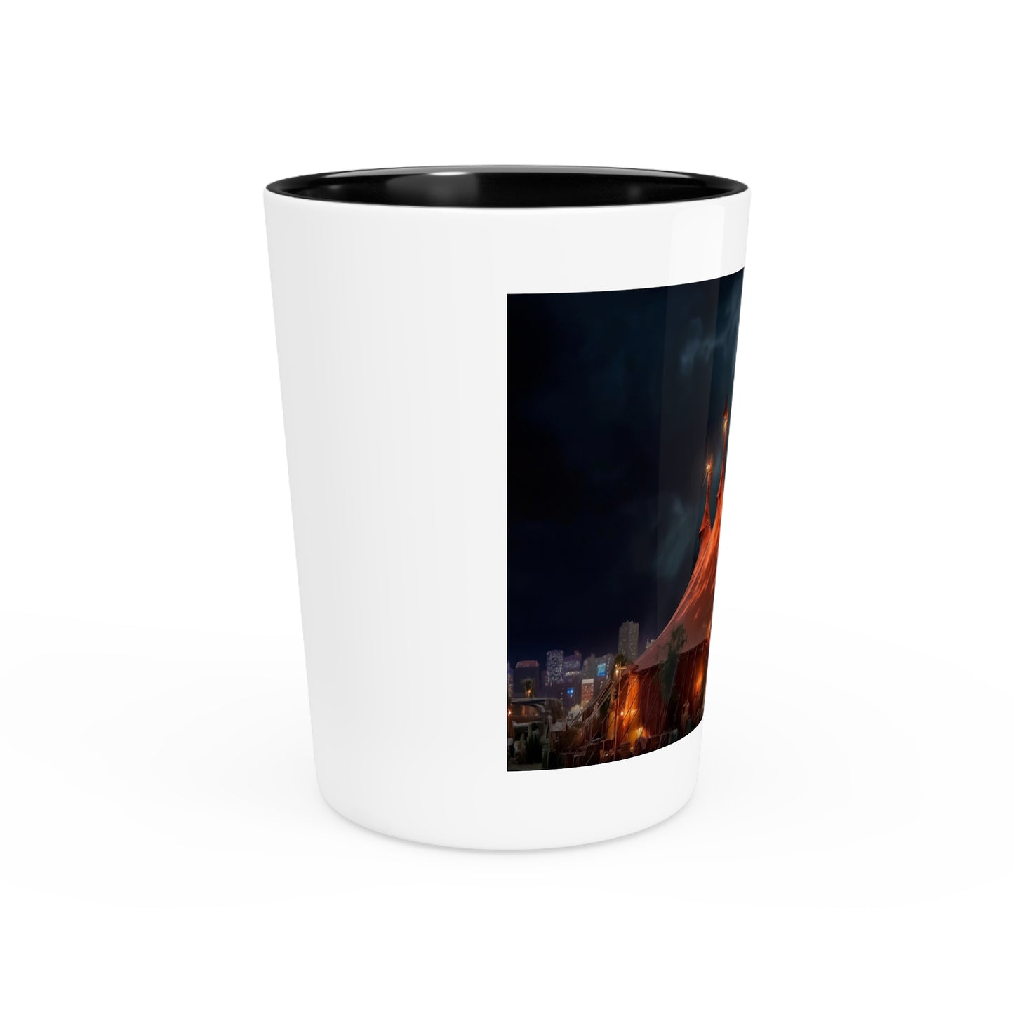 Crimson Circus Tent Shot Glass – Neon Nightscape Under Stormy Skies