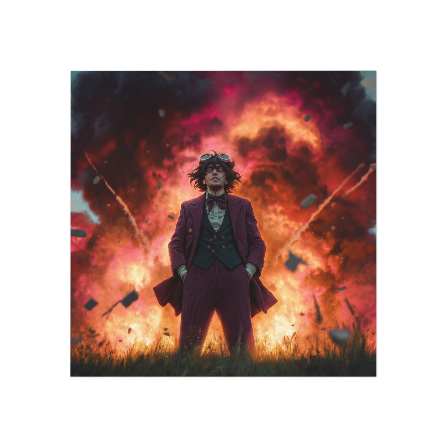 Mad Scientist Amidst Crimson Explosion Magnet – Unflinching Calm in Chaos