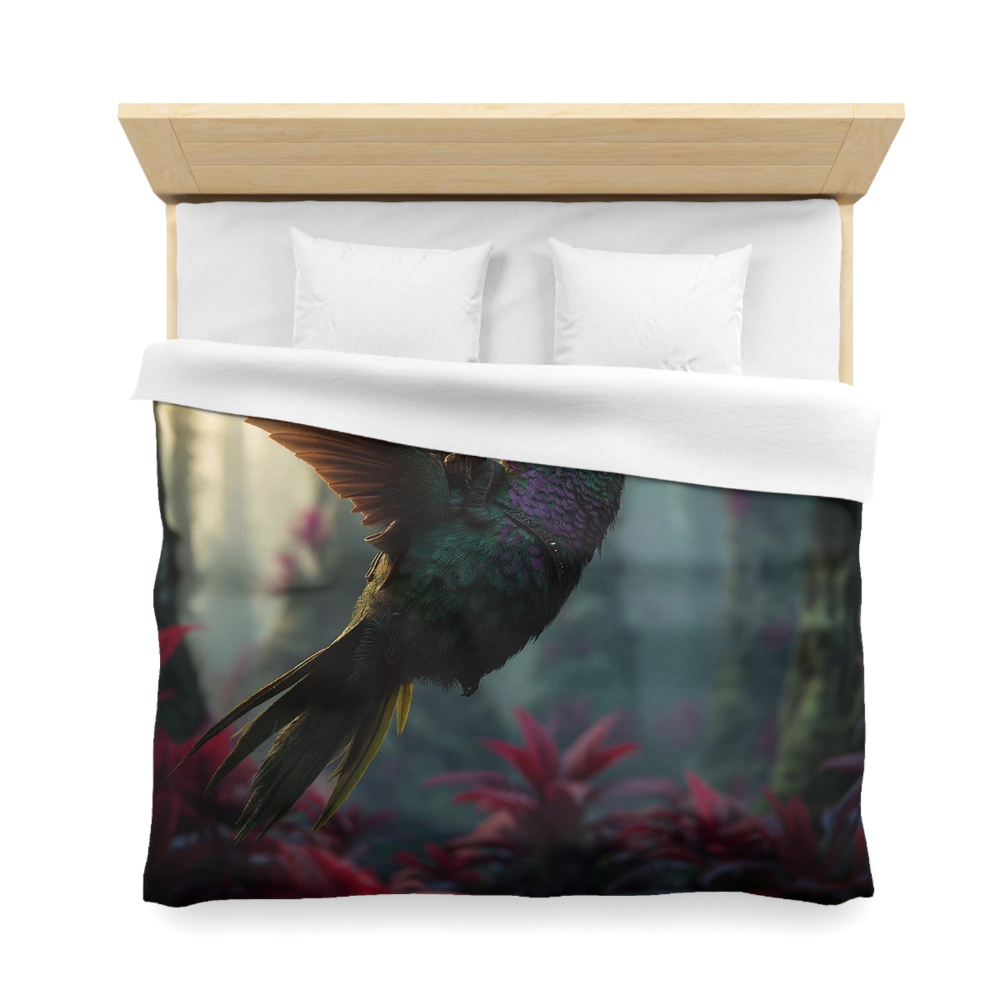 Hummingbird Rider Microfiber Duvet Cover – Dawn’s Whisper Through Emerald Canopy