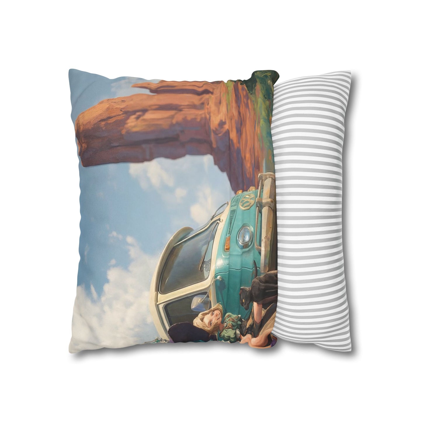 Wagon Ride Faux Suede Square Pillowcase – Desert Camper Adventure Scene
