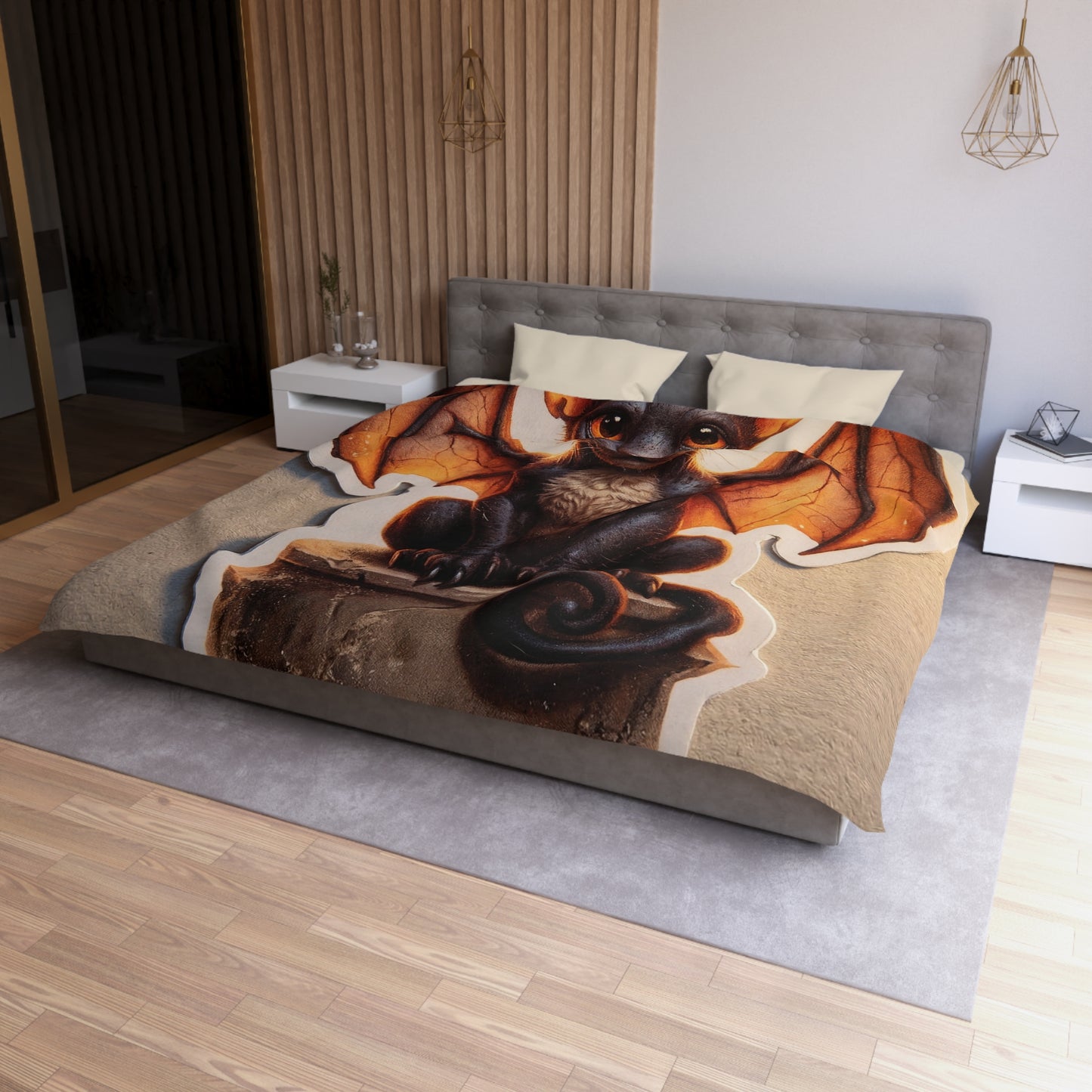 Winged Feline Guardian Microfiber Duvet Cover – Amber Glow in Midnight Stillness
