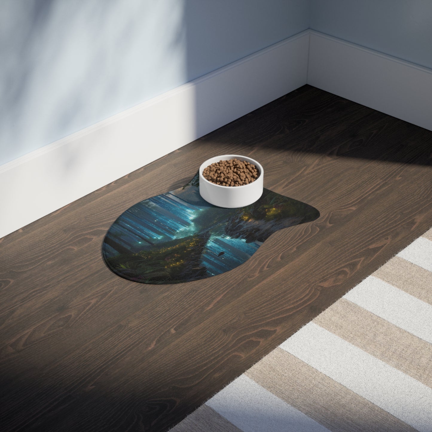 Celestial Waterfall Pet Feeding Mats – Azure Light Through Ancient Pines