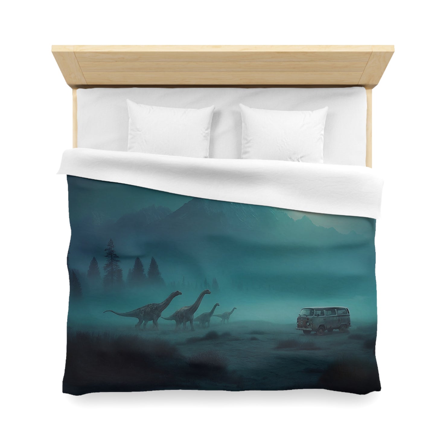 Moonlit Dinosaur Migration Microfiber Duvet Cover – Vintage Van & Misty Peaks