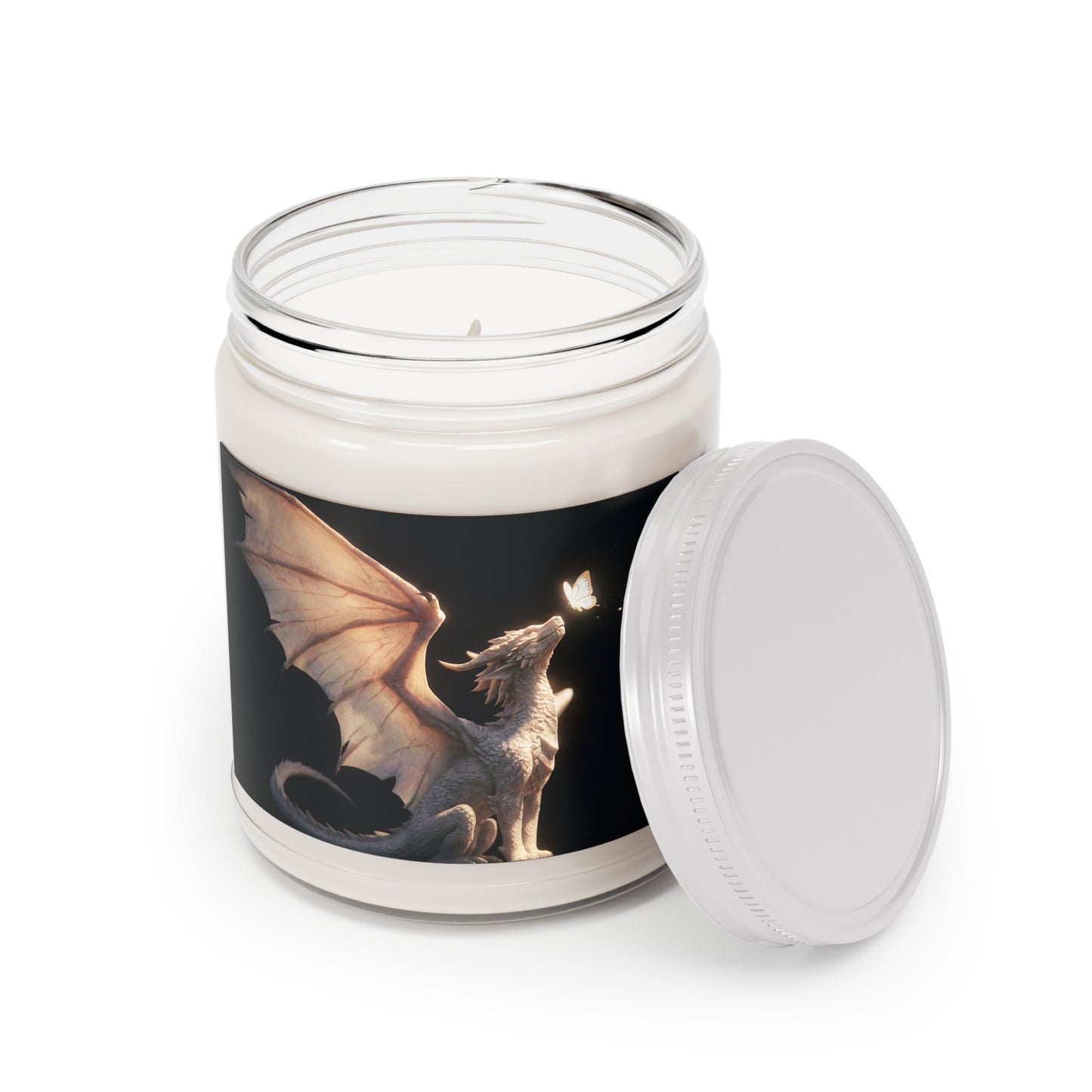 Serene White Dragon Scented Soy Candles with White Lid, 9oz – Gentle Wings, Quiet Light