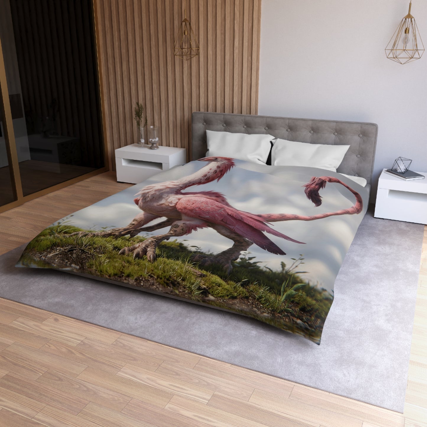Pink Dawn Sentinel Microfiber Duvet Cover – Soft Feathers Against Sky Reflections