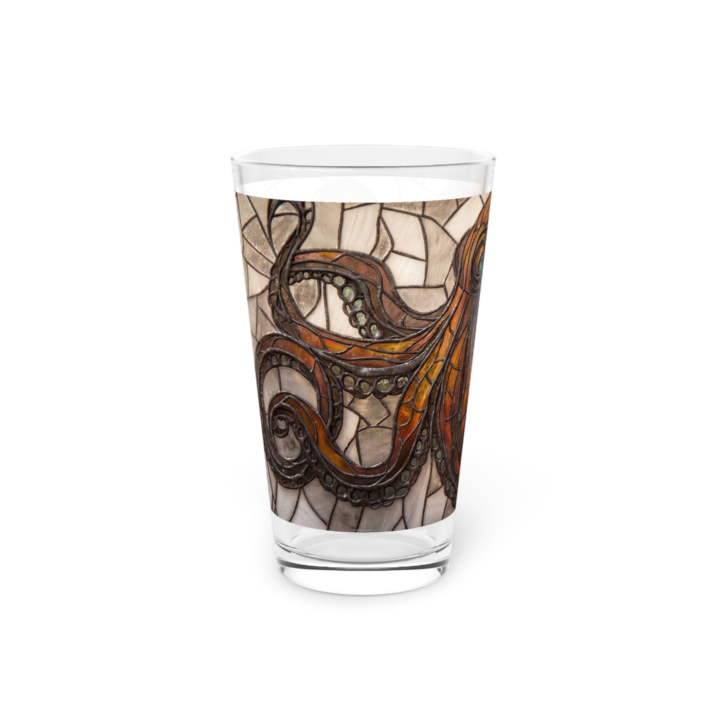 Stained Glass Octopus Pint Glass, 16oz – Amber Depths & Iron Lace