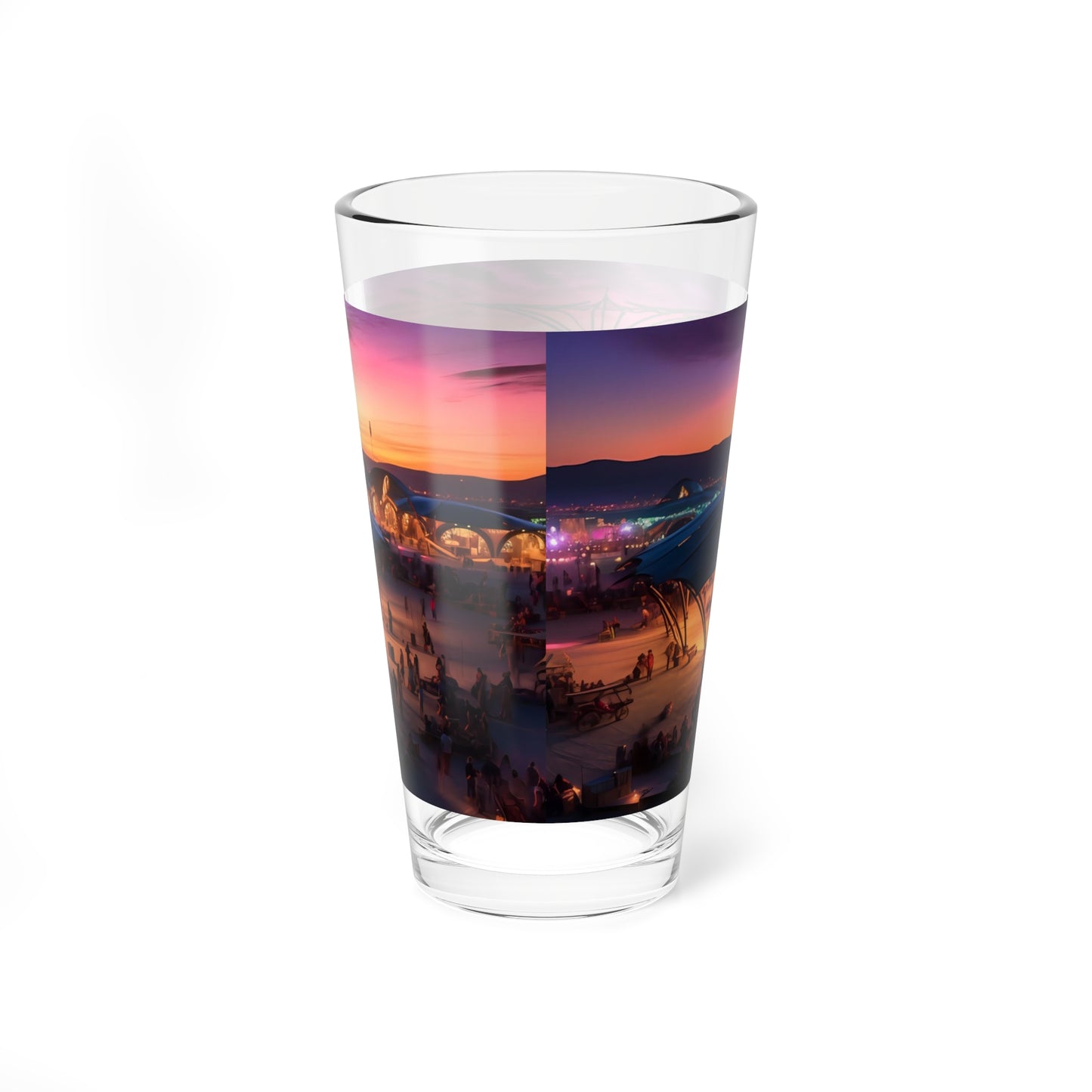 A magical aurora borealis illuminates the Burning Man festival, casting an ethereal glow on the diverse tapestry of human expression below.  - Mixing Glass, 16oz