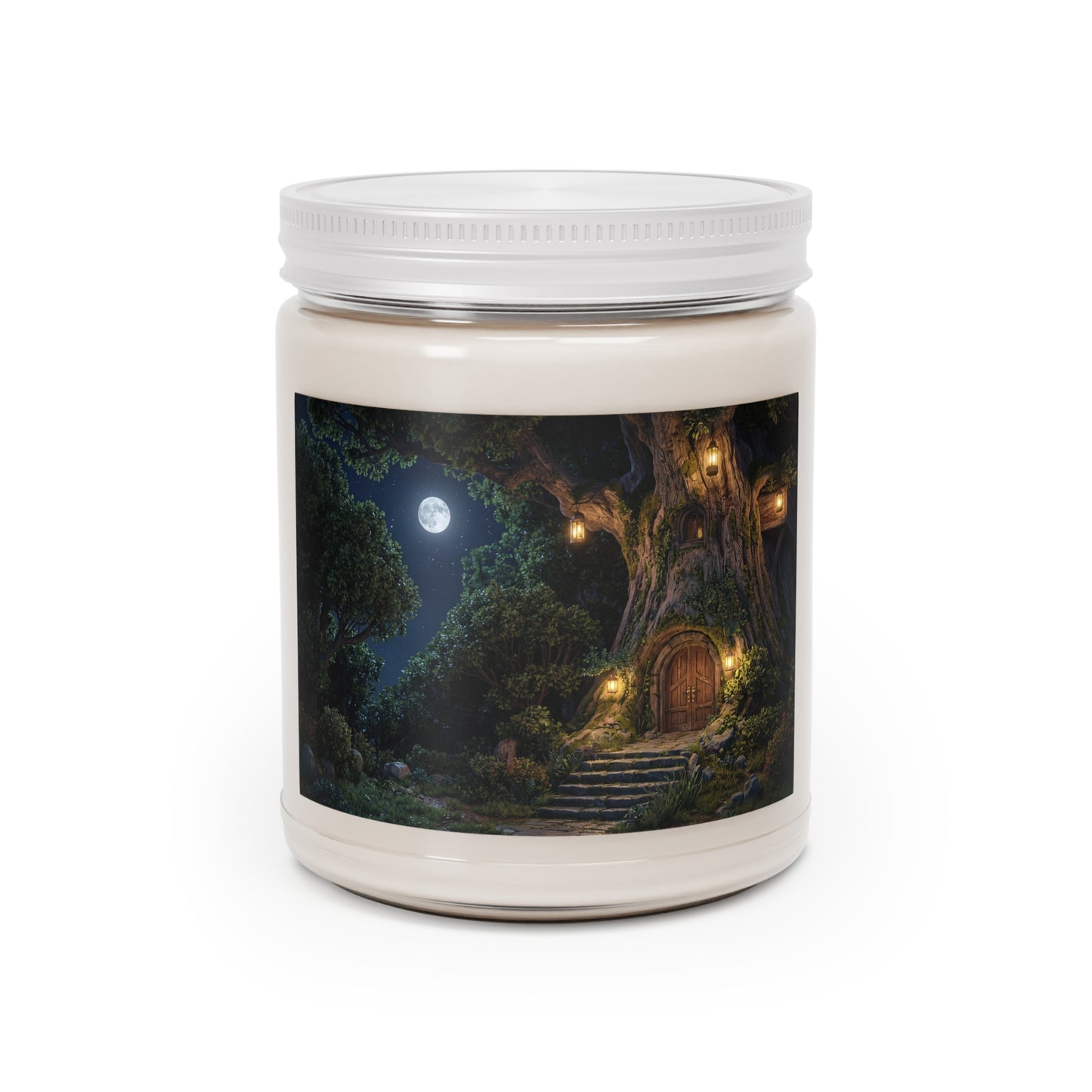 Moonlit Treehouse Doorway Scented Soy Candles with White Lid, 9oz – Whispers of the Ancient Grove