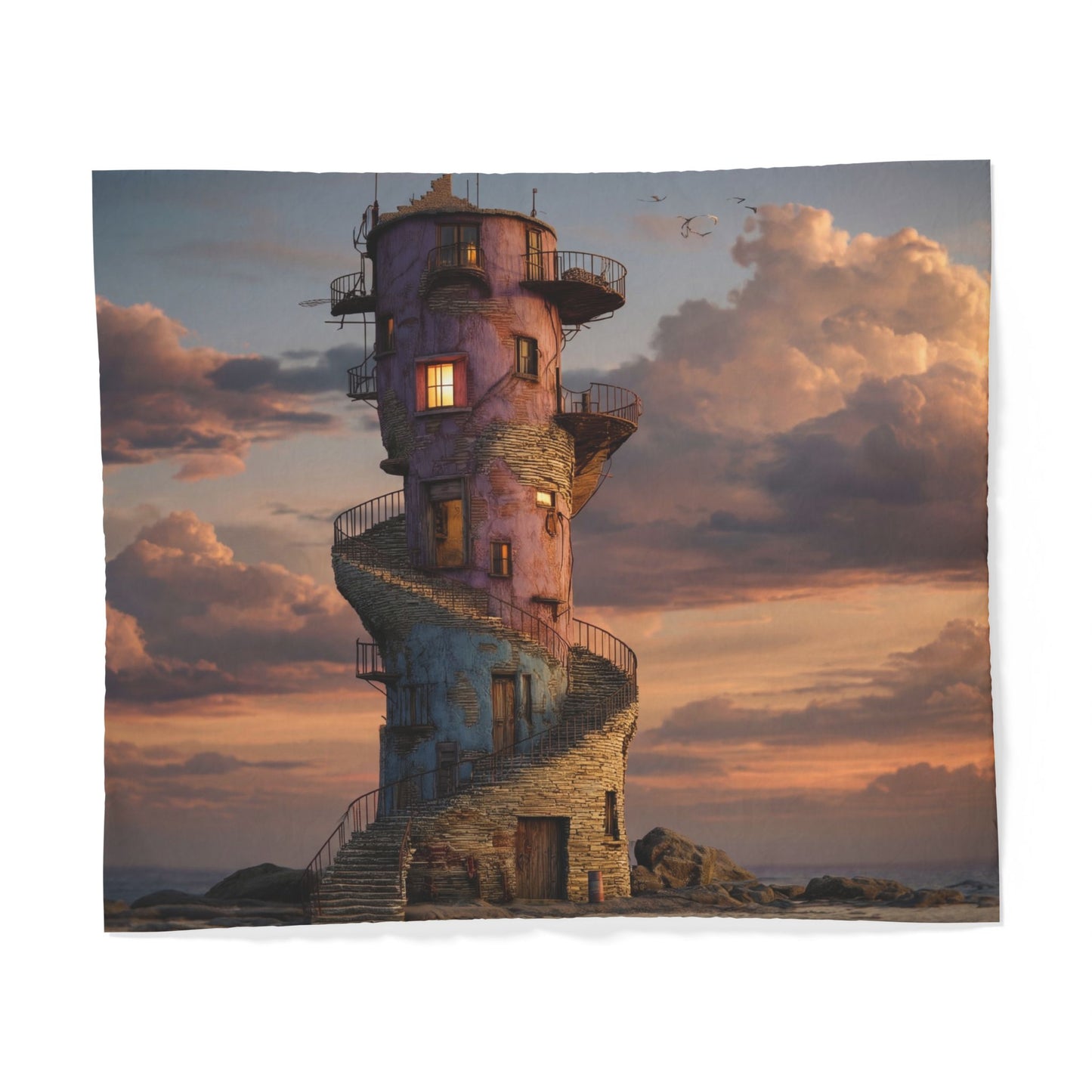 Twilight Spiral Tower Cotton Duvet Cover – Weathered Lighthouse Sunset Dreamscape