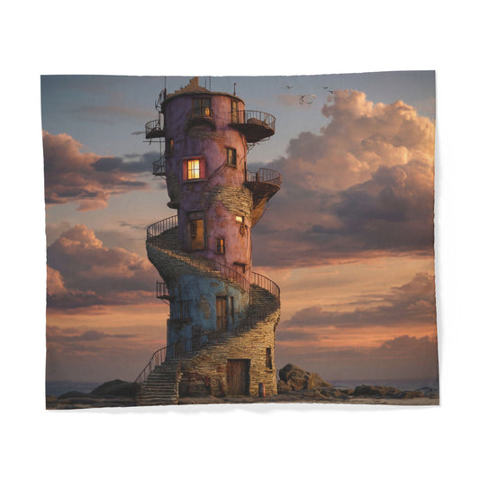 Twilight Spiral Tower Cotton Duvet Cover – Weathered Lighthouse Sunset Dreamscape