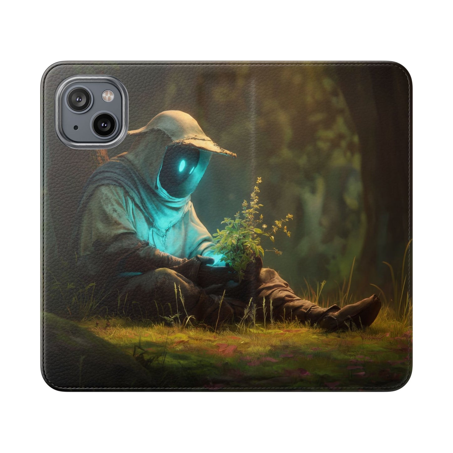 Glowing Orb Hooded Guardian Flip Cases – Bioluminescent Forest Keeper