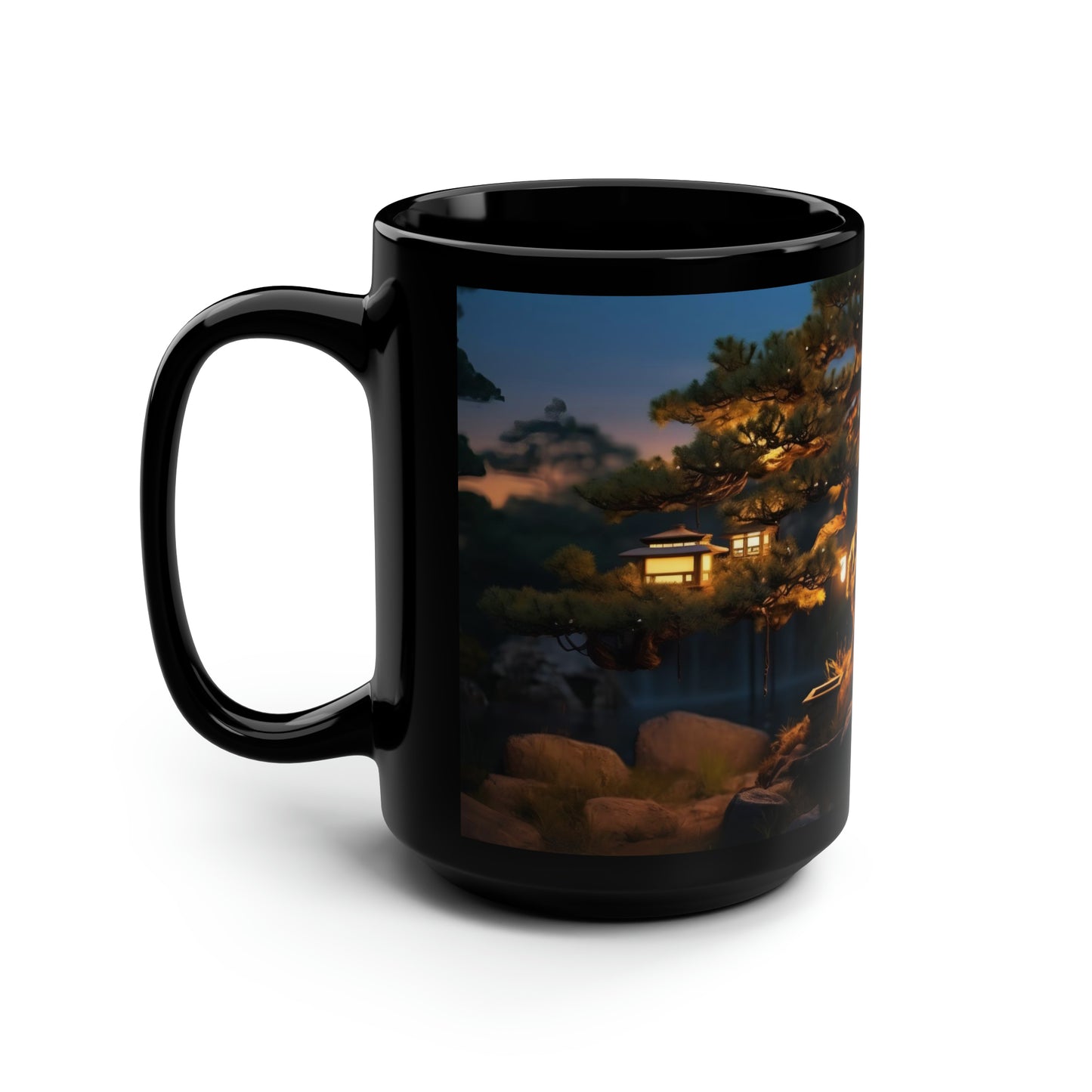 "An ancient bonsai pine tree adorned with paper lanterns, captured in the dim light of dusk, ultra-realistic, nature photography, Canon EOS R5." - Mug, Black