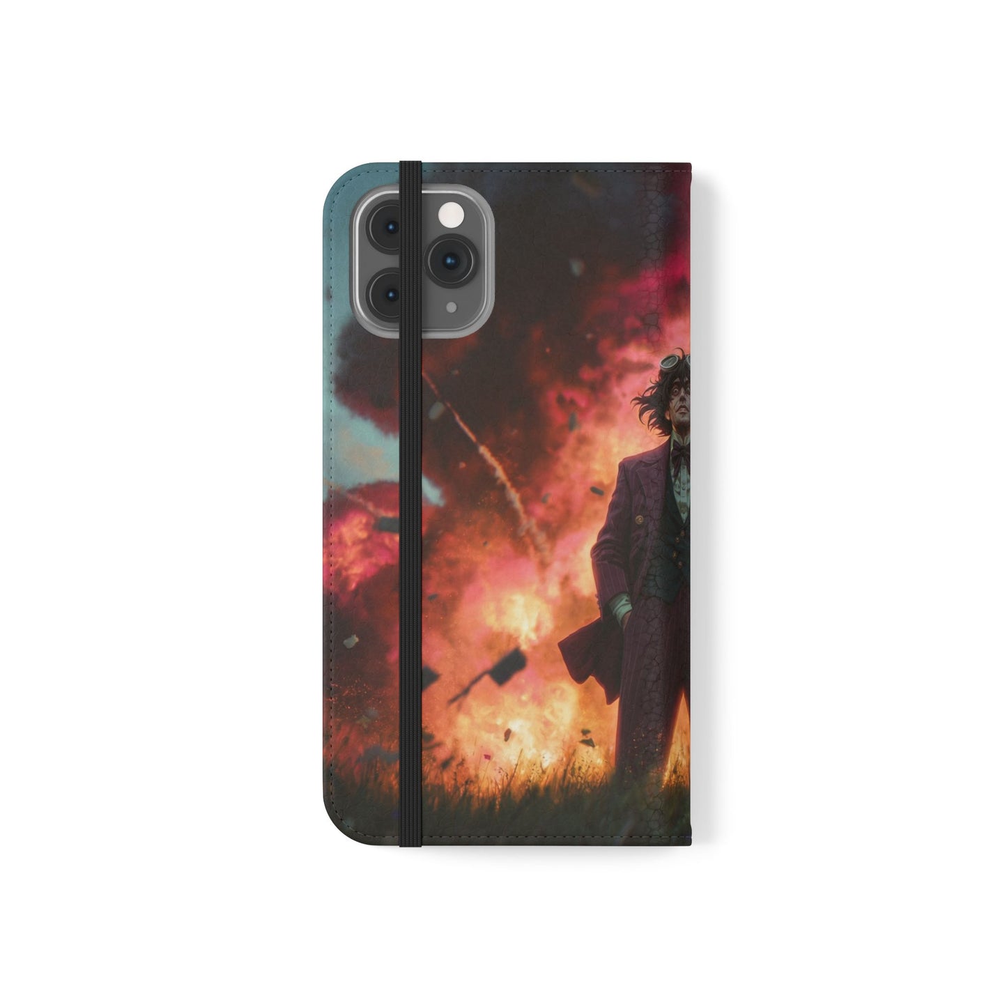 Goggles & Chaos Flip Cases – Purple Suit Amidst Fiery Explosion