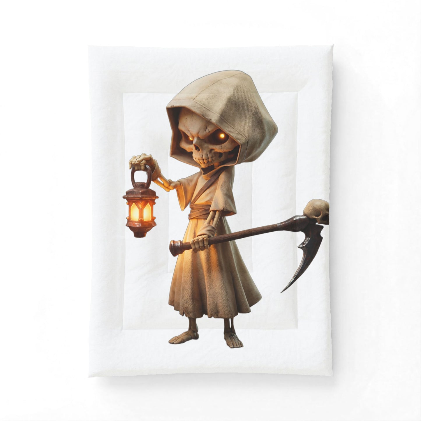 Lantern Bearer Cotton Comforter – Hooded Sentinel with Glowing Skull Eyes