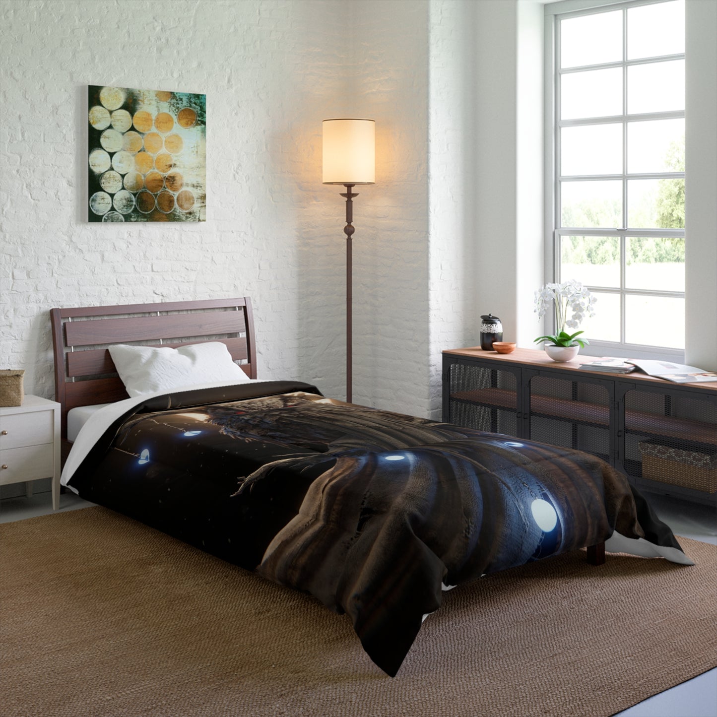 Moonlit Owl Sentinel Comforter – Crimson-Eyed Guardian of the Night