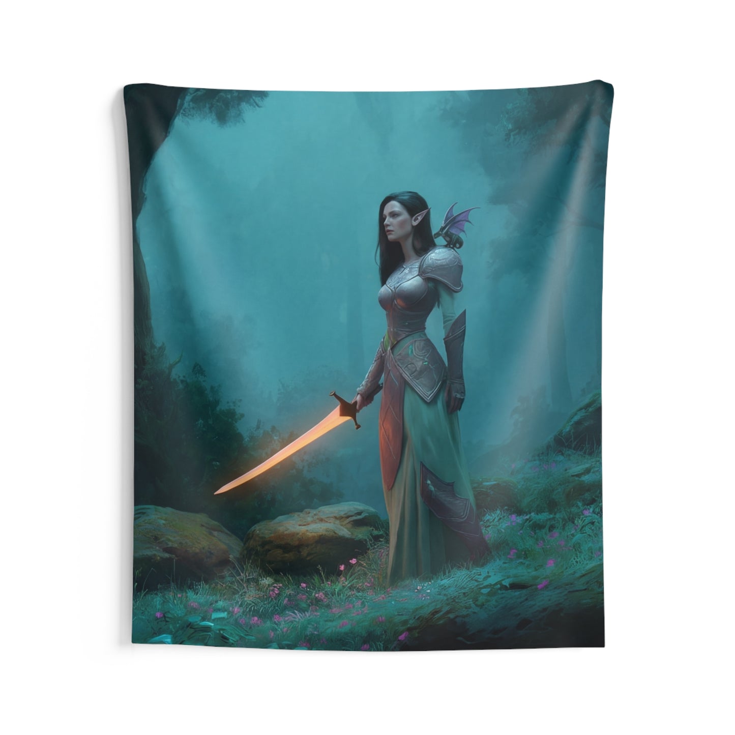 Elven Sentinel Indoor Wall Tapestries – Sword Lit by Twilight Moss