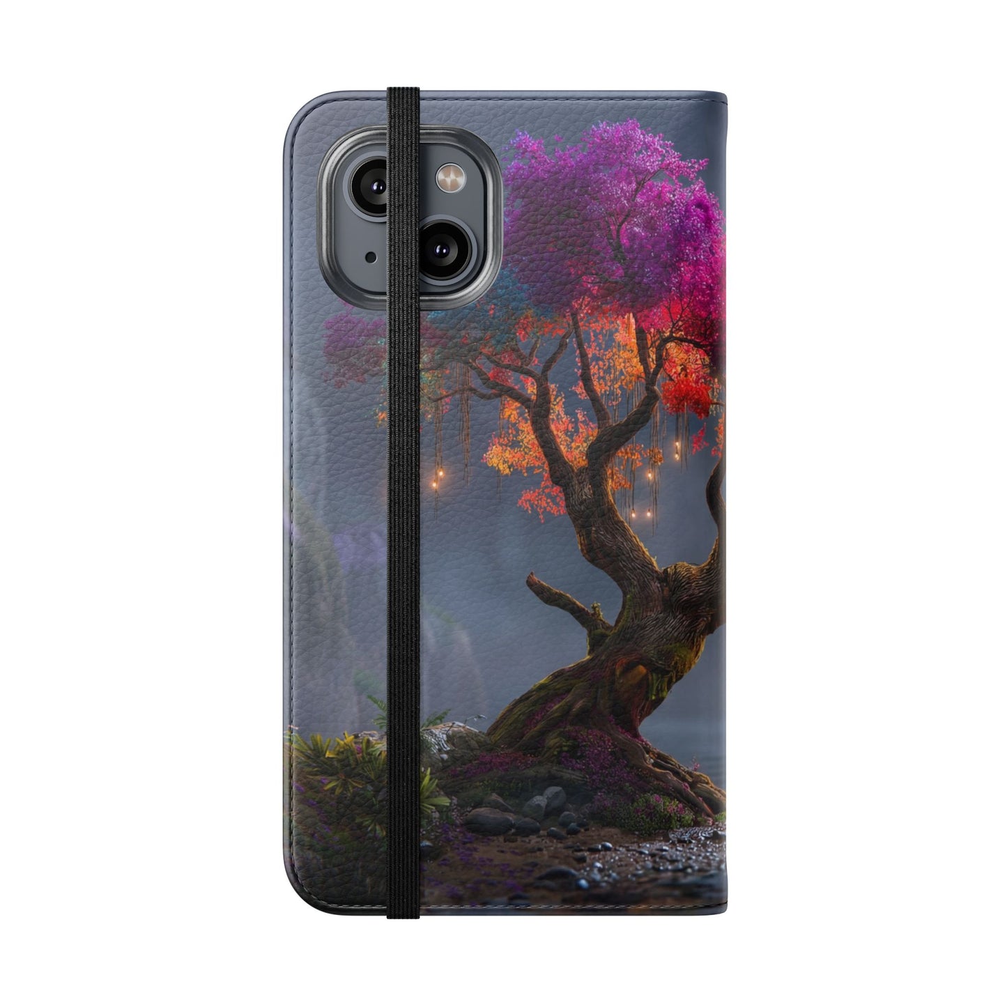 Chromatic Canopy Flip Cases – Rainbow Tree Moonlit Waterfall Scene