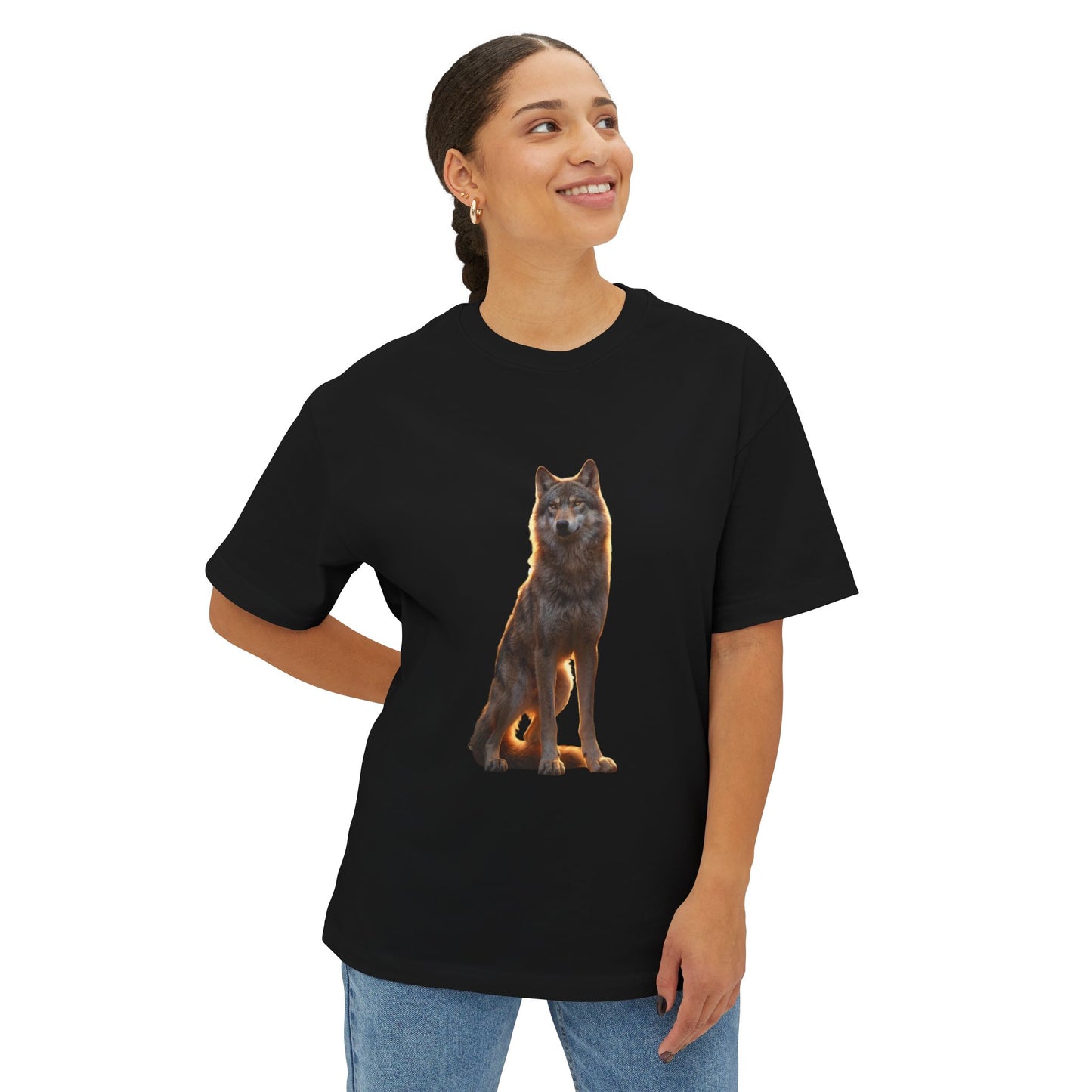 Golden-Gaze Wolf Unisex Oversized Boxy Tee – Twilight Sentinel Graphic