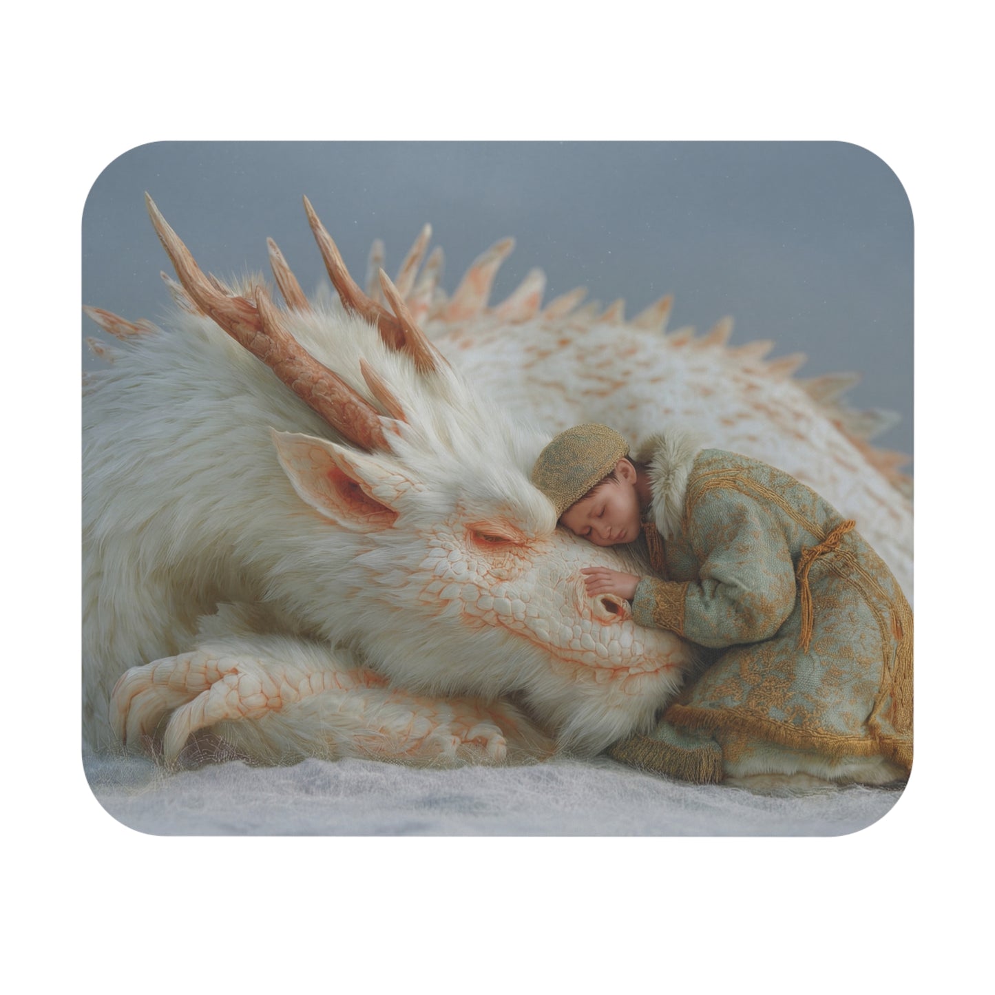 Child and Snow Dragon Mouse Pad – Whispers of Winter’s Gentle Guardian