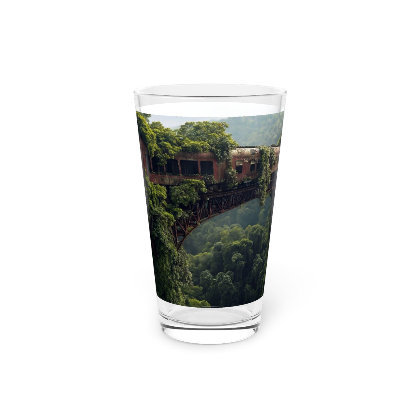 Abandoned Train Bridge Pint Glass – Verdant Ruin Over the Canopy