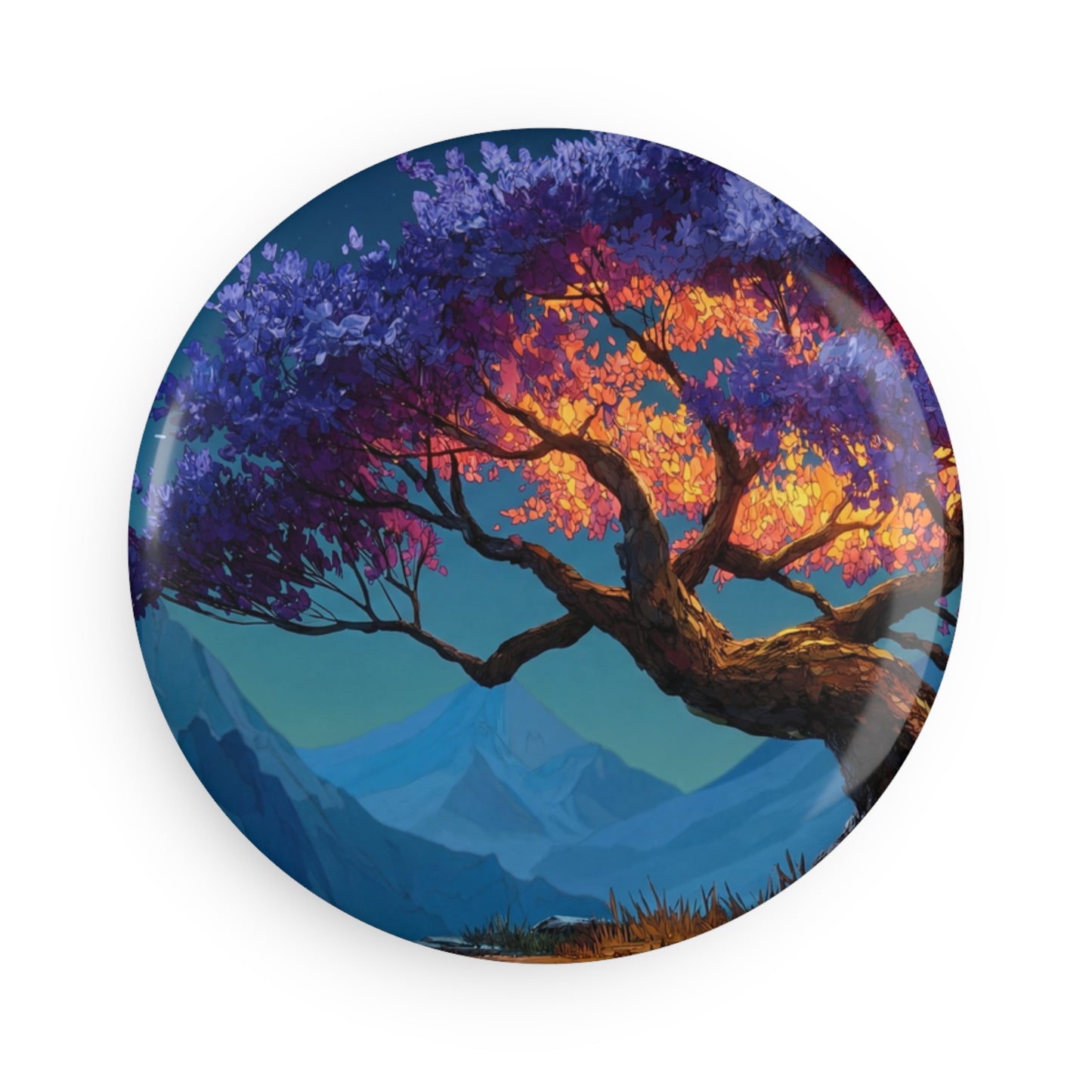 Starlit Twilight Tree Button Magnet, Round (1 & 10 pcs) – A Cosmic Bloom Against Snow-Capped Peaks