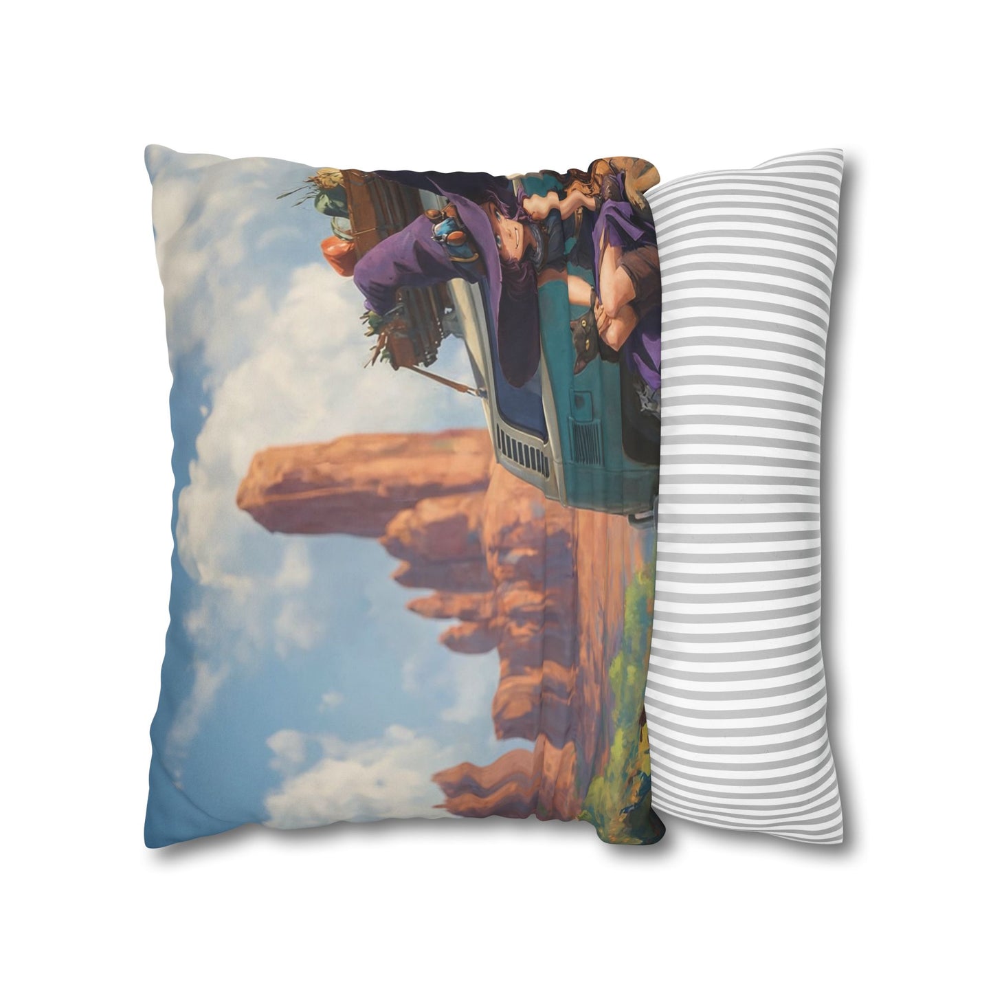 Wagon Ride Faux Suede Square Pillowcase – Desert Camper Adventure Scene