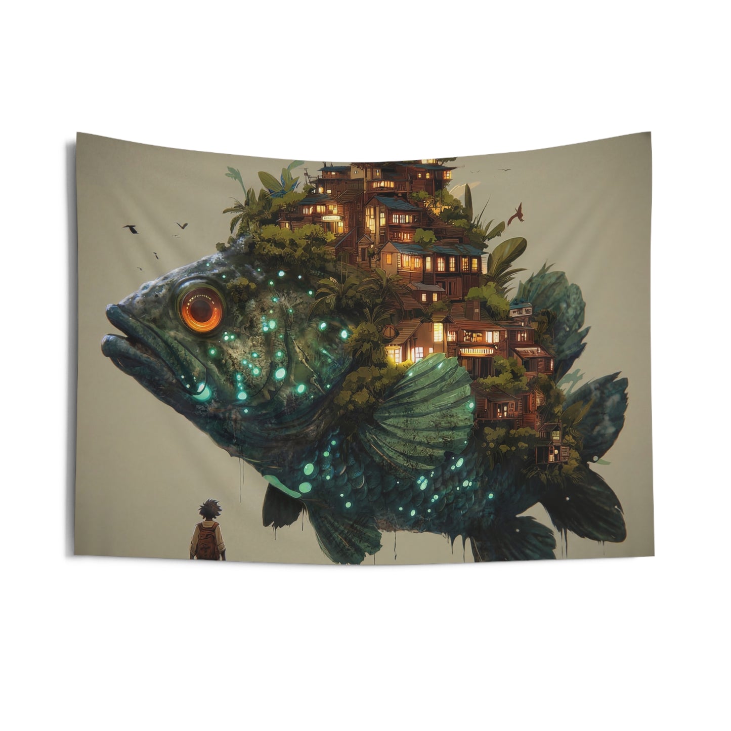 Giant Bioluminescent Fish with Floating Village Indoor Wall Tapestries – A Whispering Ocean Home