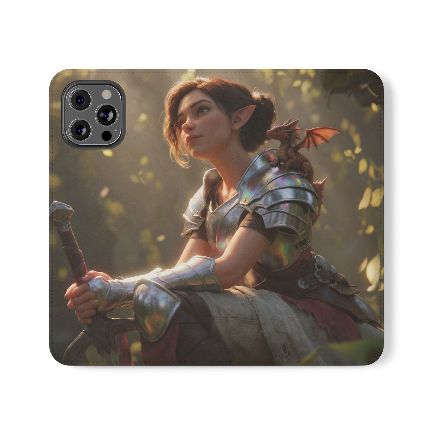 Elven Knight with Dragon Flip Cases – Iridescent Armor & Tiny Guardian Portrait