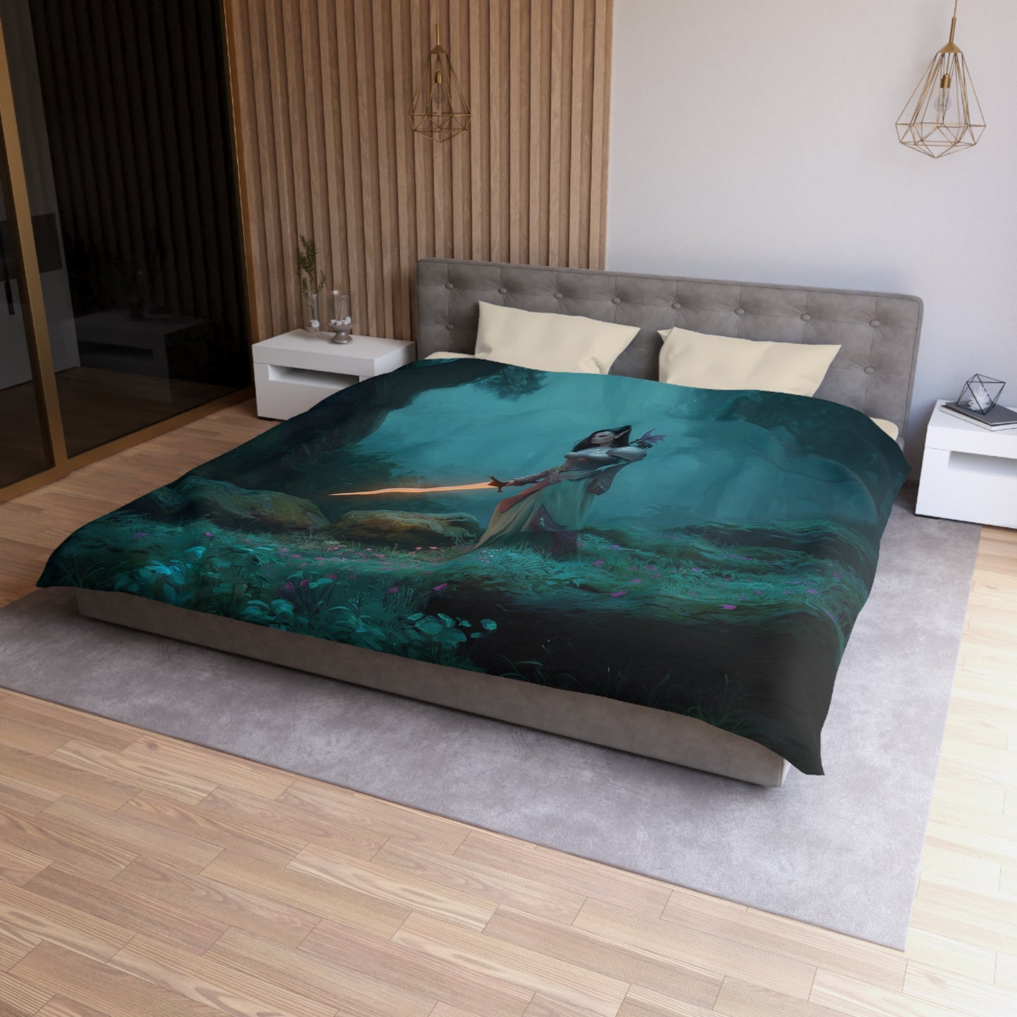 Elven Sentinel Forest Guardian Microfiber Duvet Cover – Glowing Blade and Mossy Grove