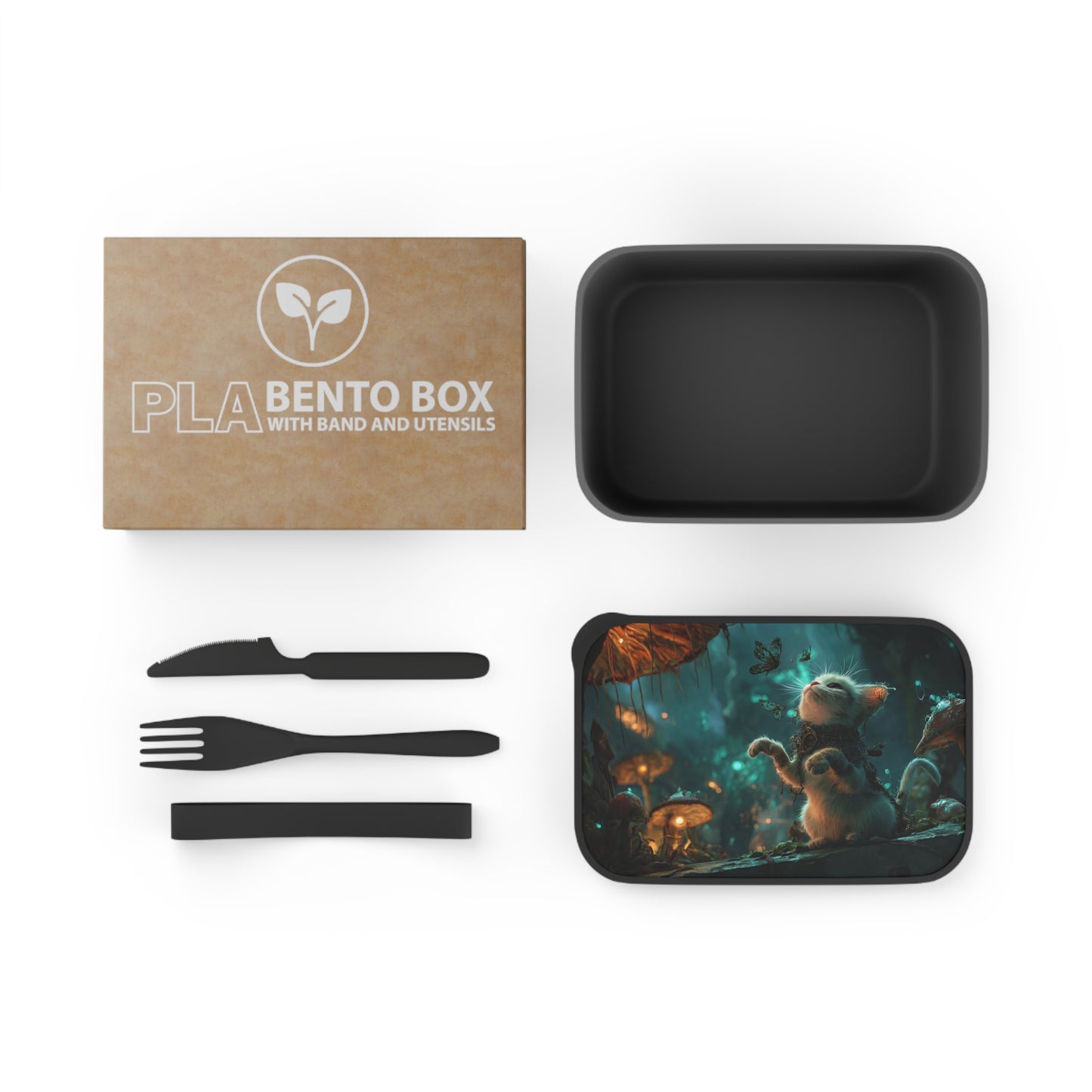 Whispering Forest Kitten PLA Bento Box with Band and Utensils – Gentle Wings and Glimmering Light