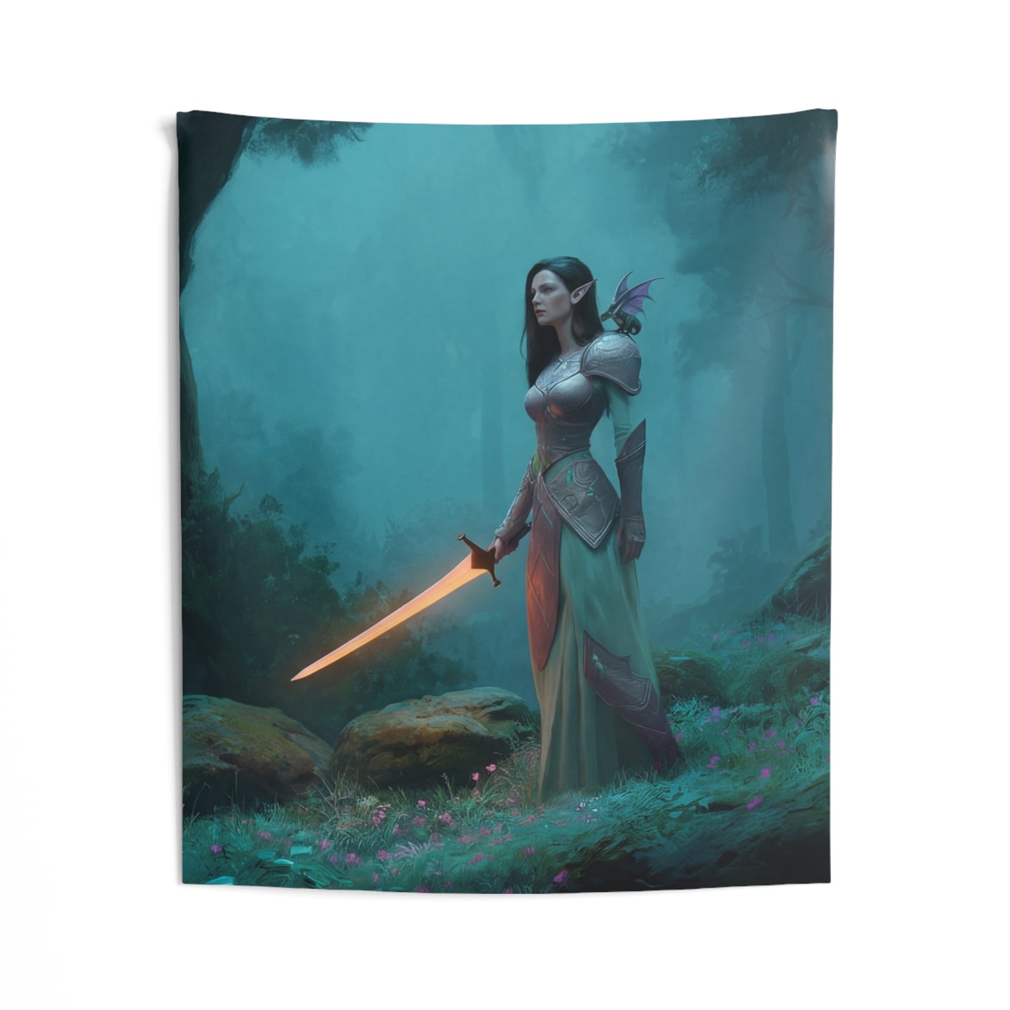 Elven Sentinel Indoor Wall Tapestries – Sword Lit by Twilight Moss