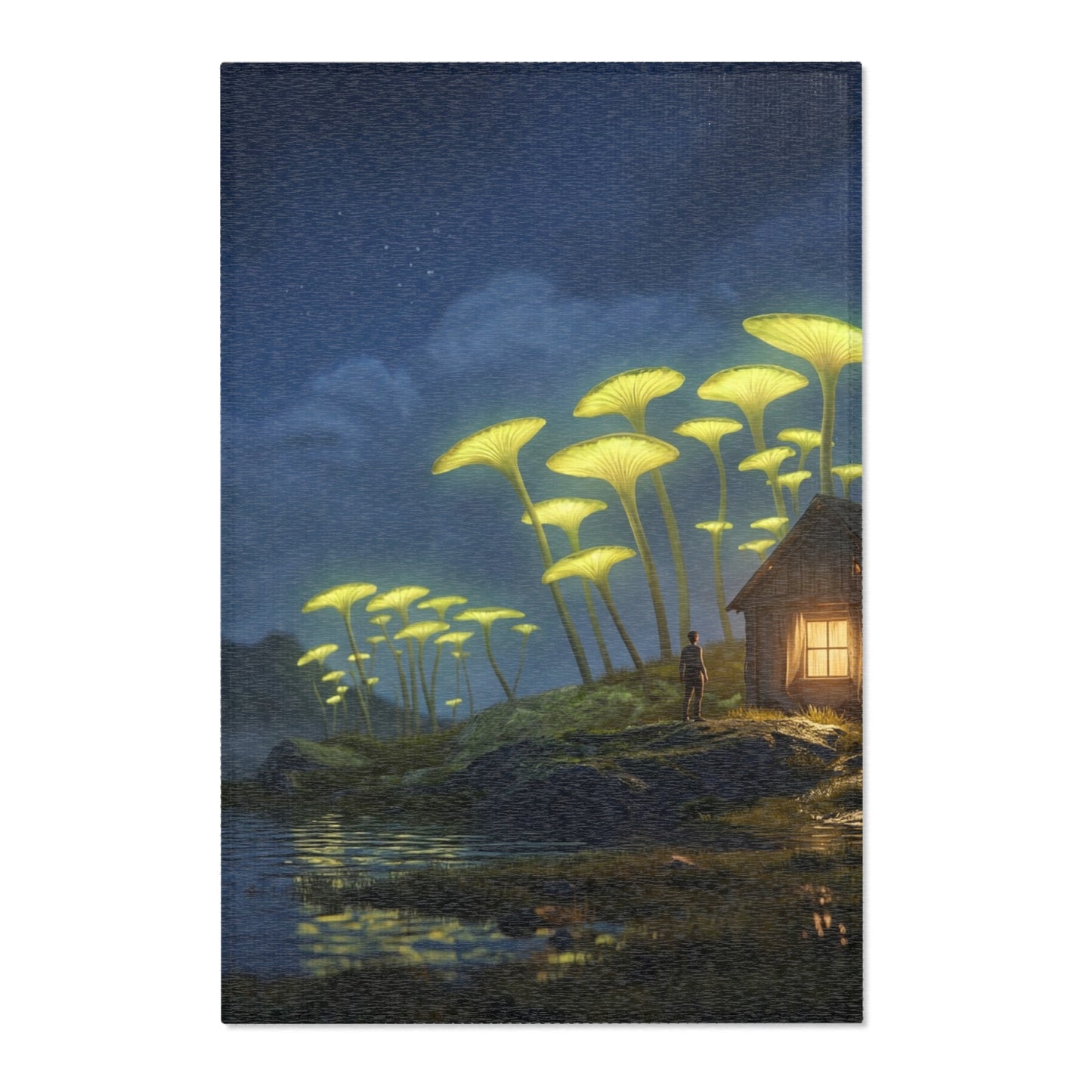 Luminescent Mushroom Cottage Rug – Twilight Haven by the Lake