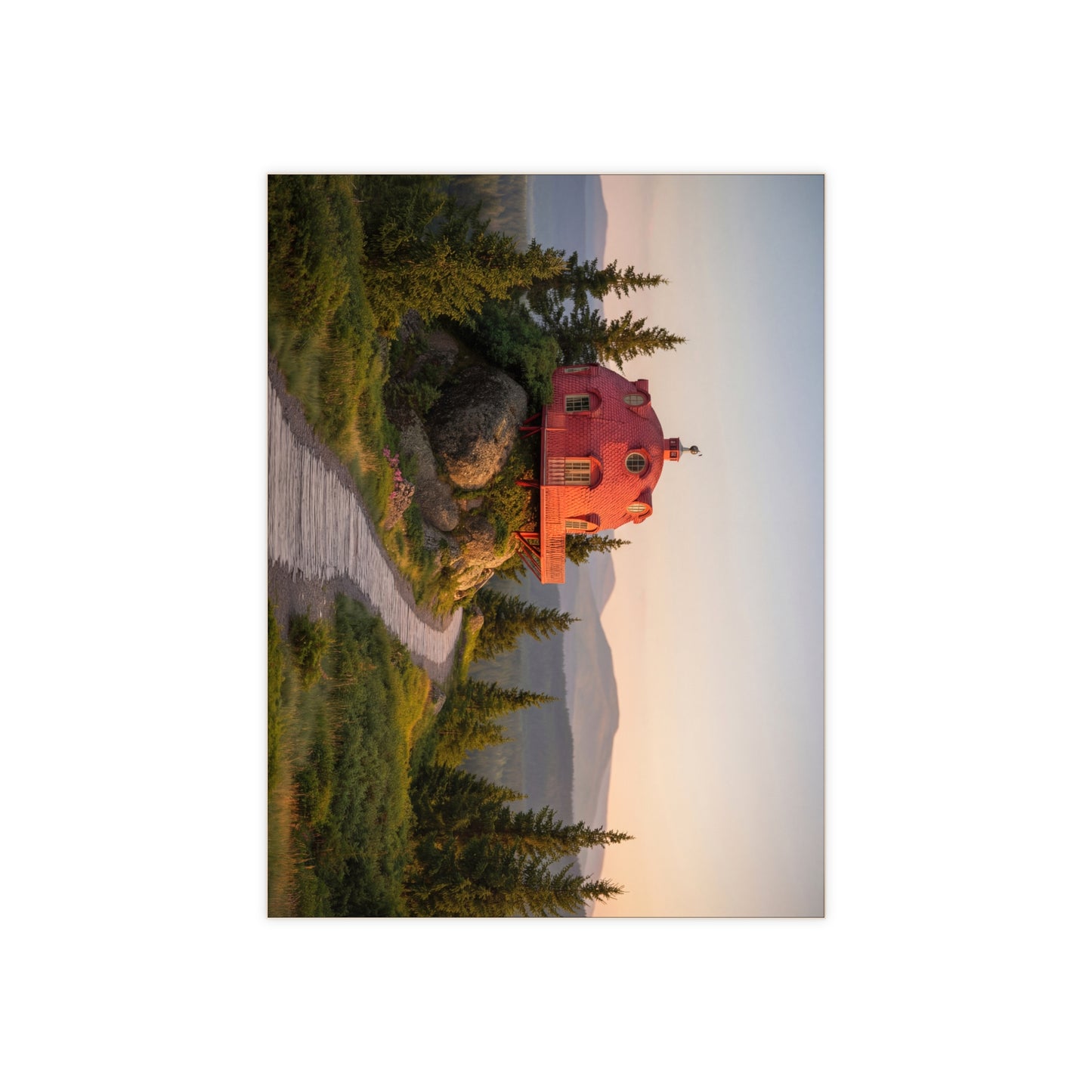 Red Dome Cottage Ceramic Photo Tile – Sunset Sanctuary on the Ridge