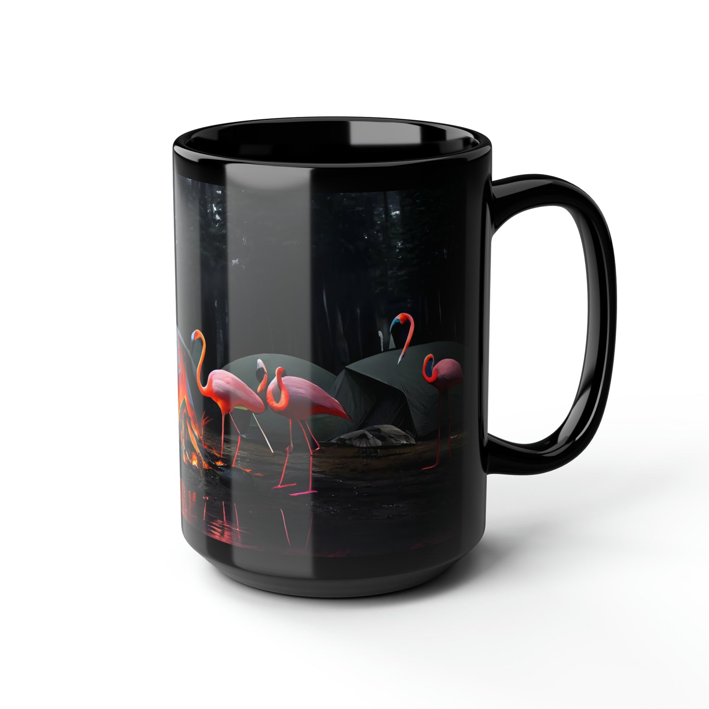 photo of a flock of flamingos in oregon, campfire, tents, rain, hdr, dof, highly detailed - Mug, Black