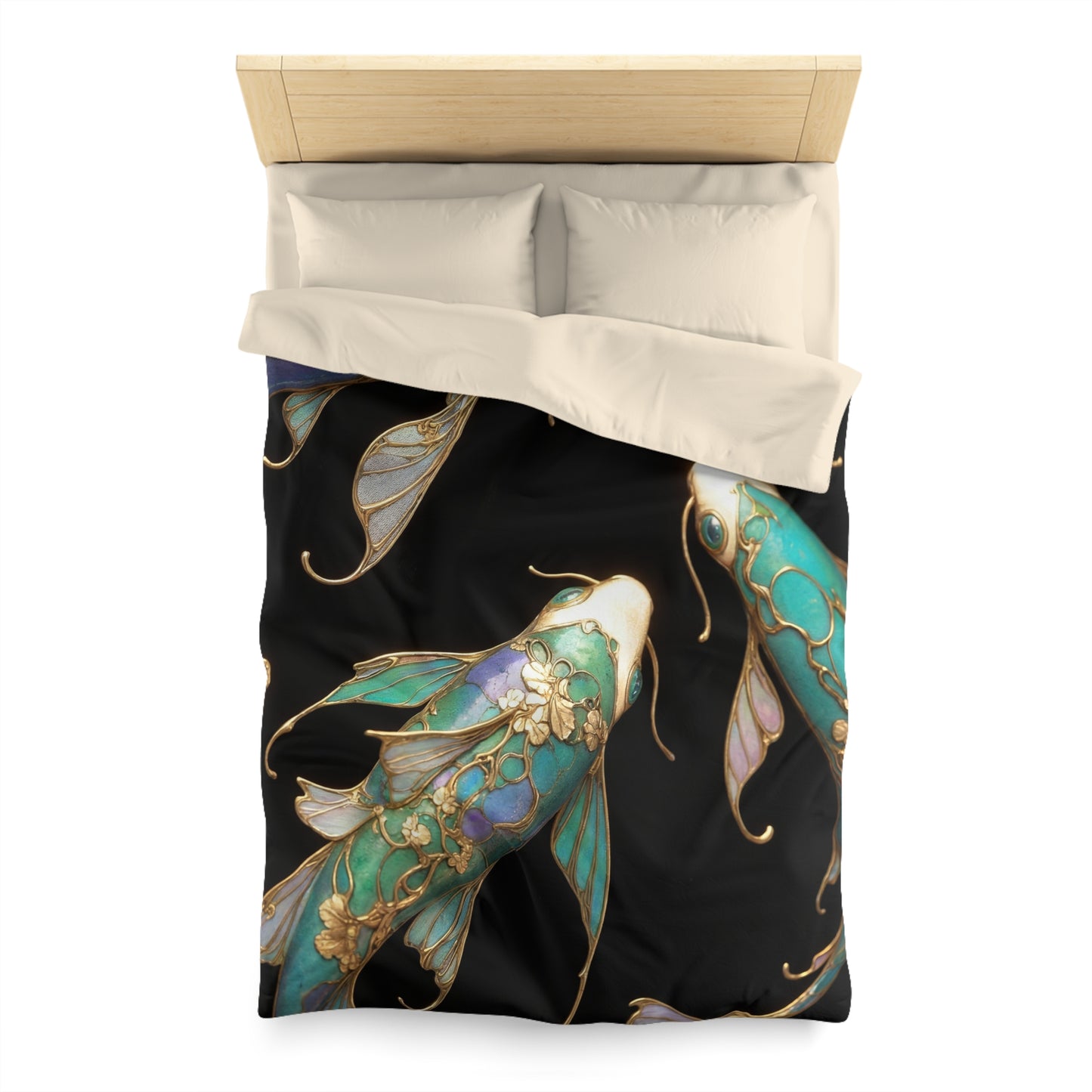 Art Nouveau Koi Microfiber Duvet Cover – Luminous Azure Guardians of the Deep