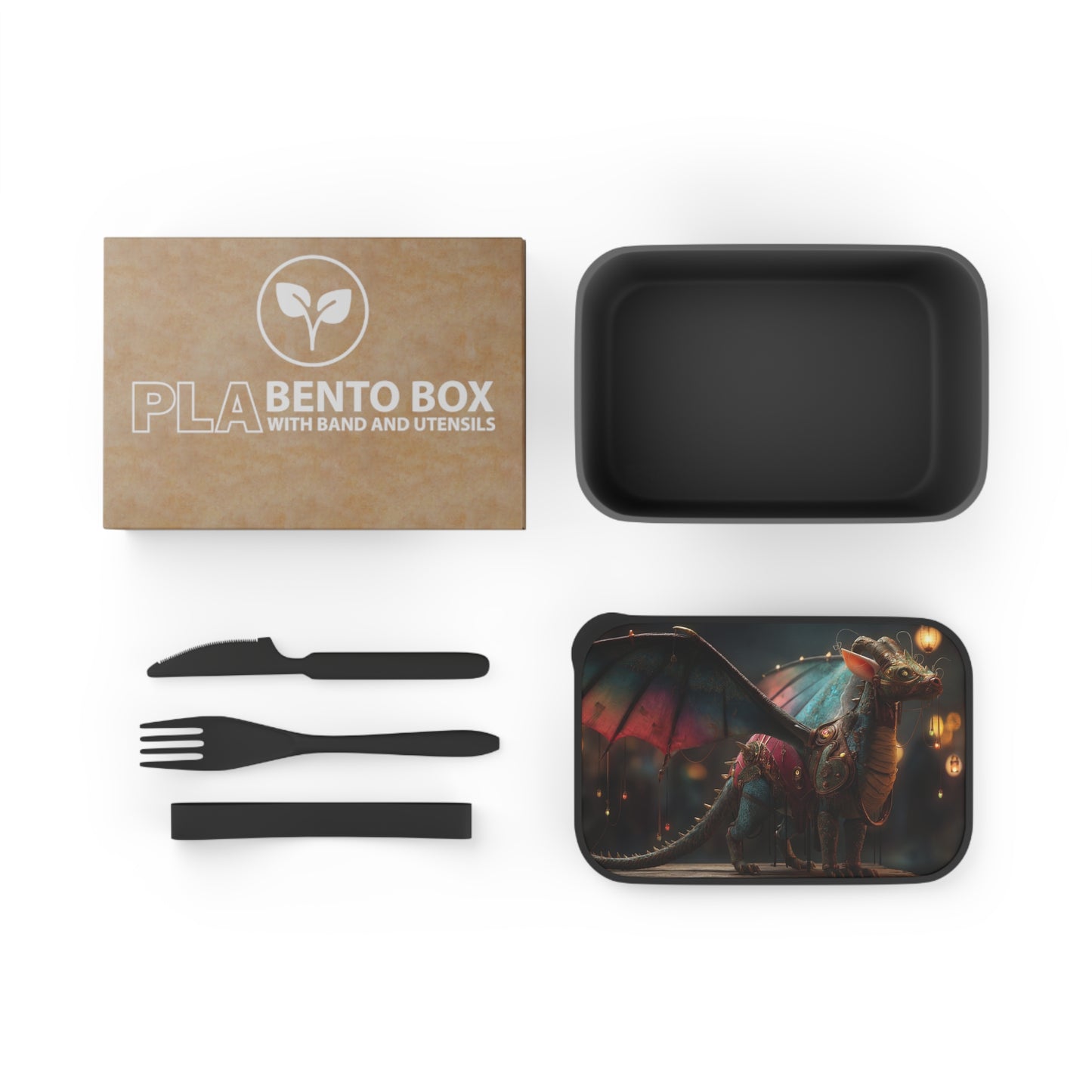 Regal Dragon with Lantern Wings PLA Bento Box with Band and Utensils – Twilight Market Guardian