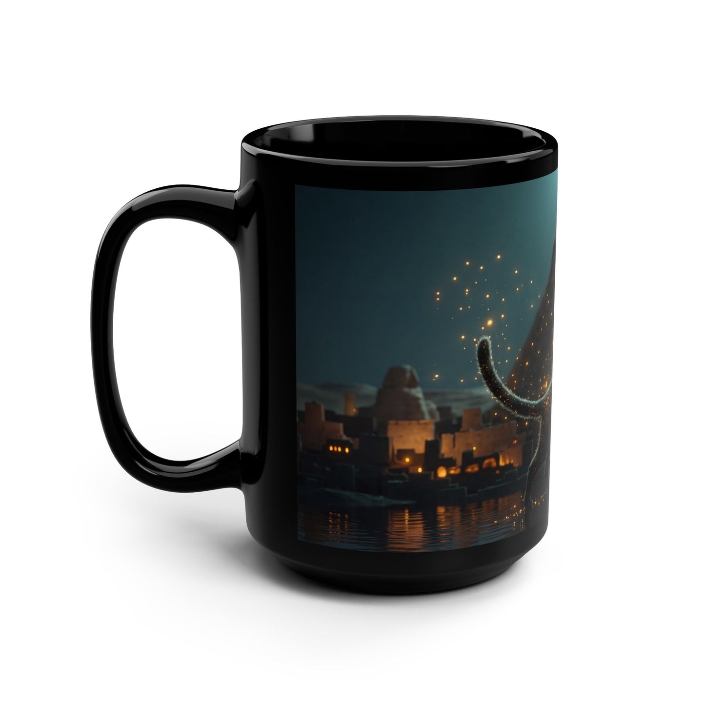 Starry Panther Sentinel Mug – Crescent Moon Over Ancient Pyramids