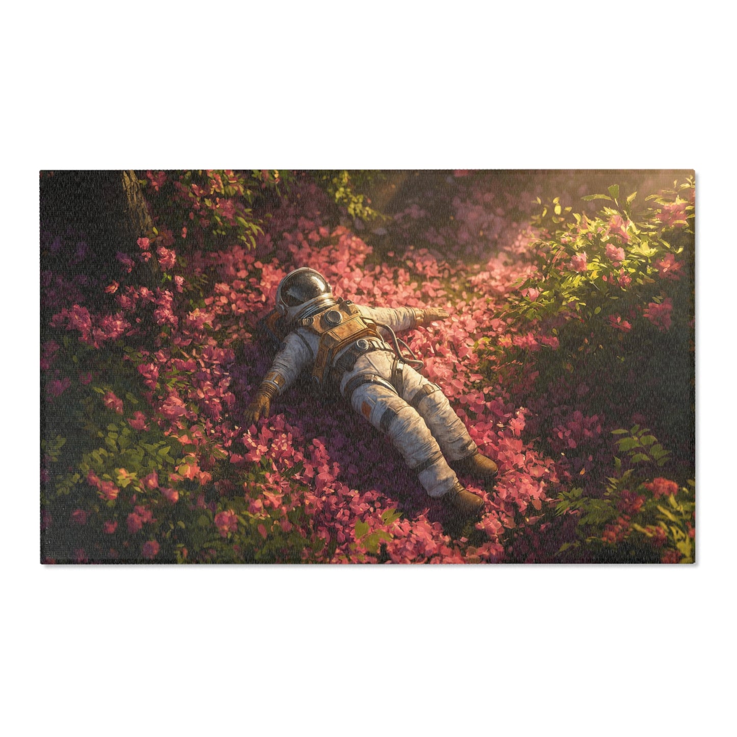 Astronaut Among Petals Area Rug – Sunset Garden Requiem