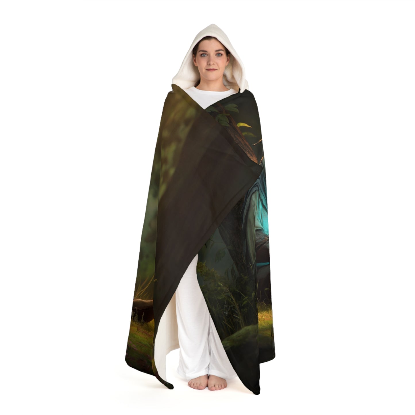 Forest Sentinel Hooded Sherpa Fleece Blanket – Cyan Glow in the Twilight Grove