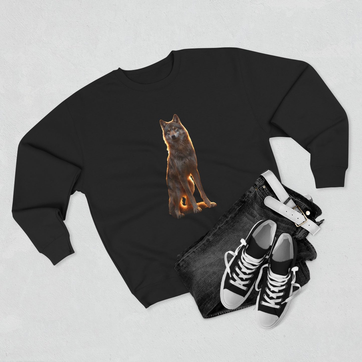 Sunset Sentinel Wolf Sweatshirt – Amber-Lit Canine Guardian Crewneck