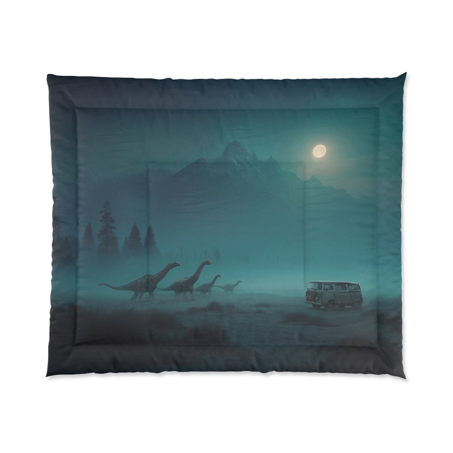 Moonlit Dinosaur Parade Comforter – Vintage Van Meets Prehistoric Grace