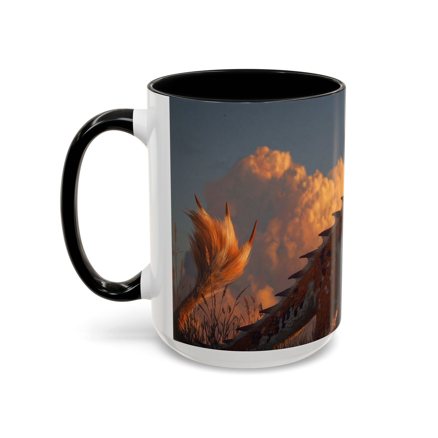 Sunset Dragon Accent Coffee Mug (11, 15oz) – Warm Ember Guardian in Golden Grasses