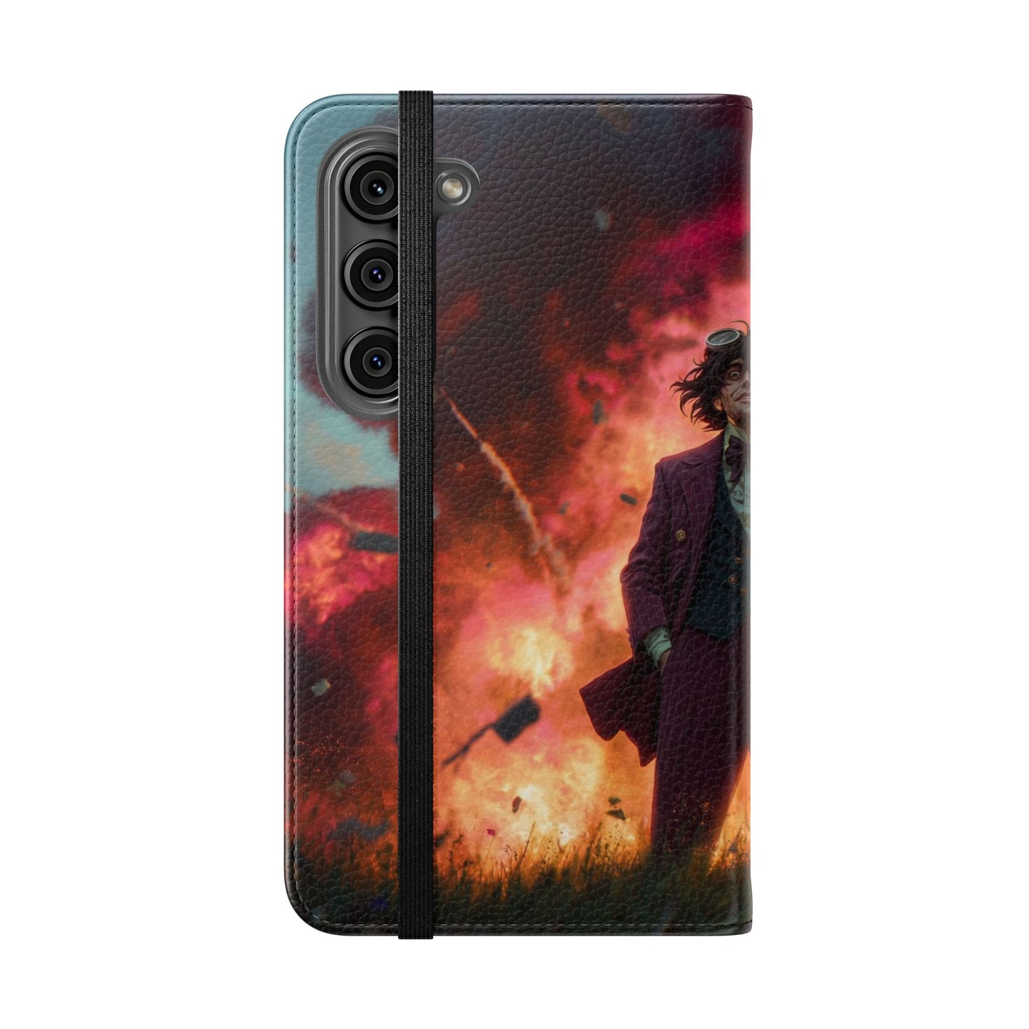 Goggles & Chaos Flip Cases – Purple Suit Amidst Fiery Explosion