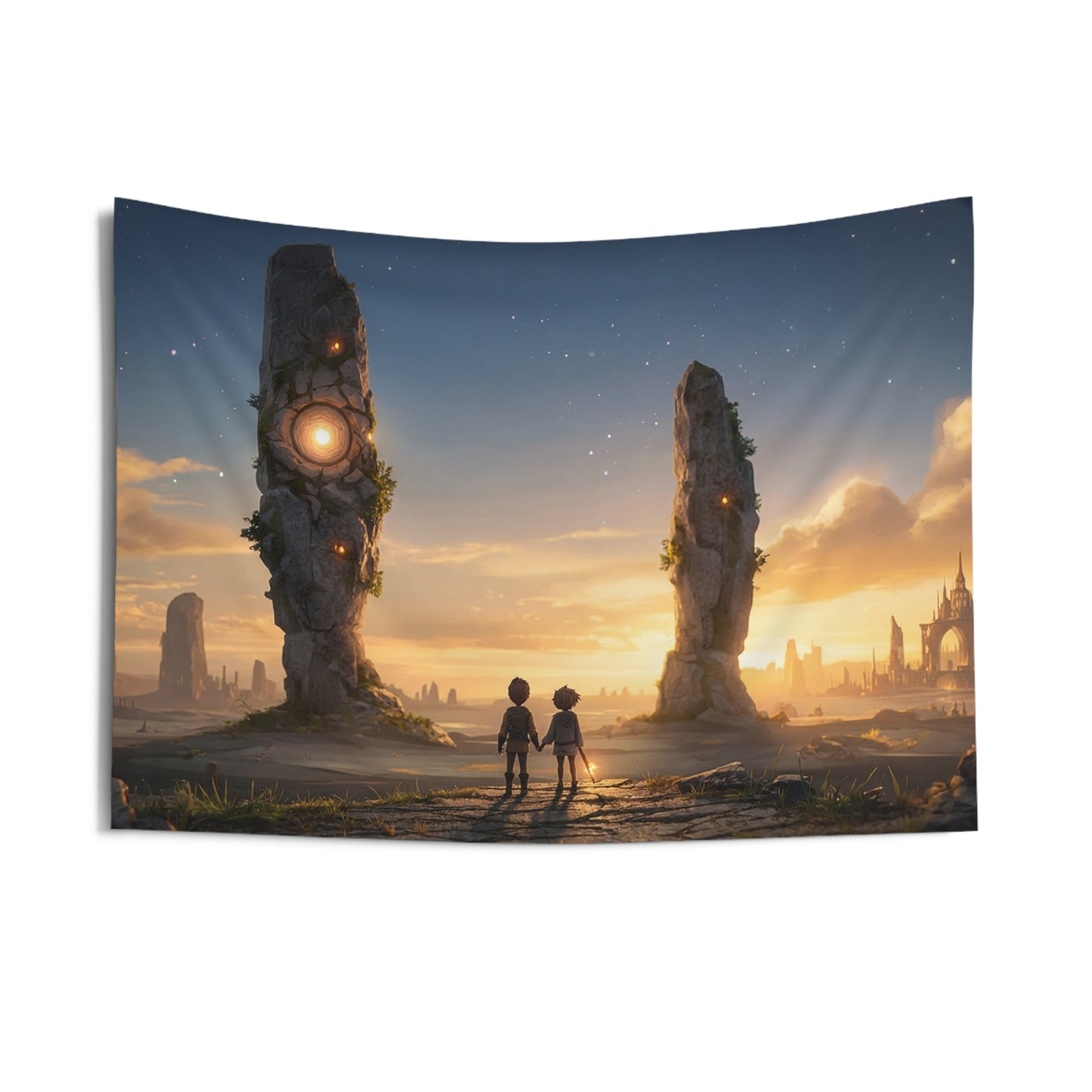 Twin Wanderers Tapestry – Sunset Portal Between Ancient Stones