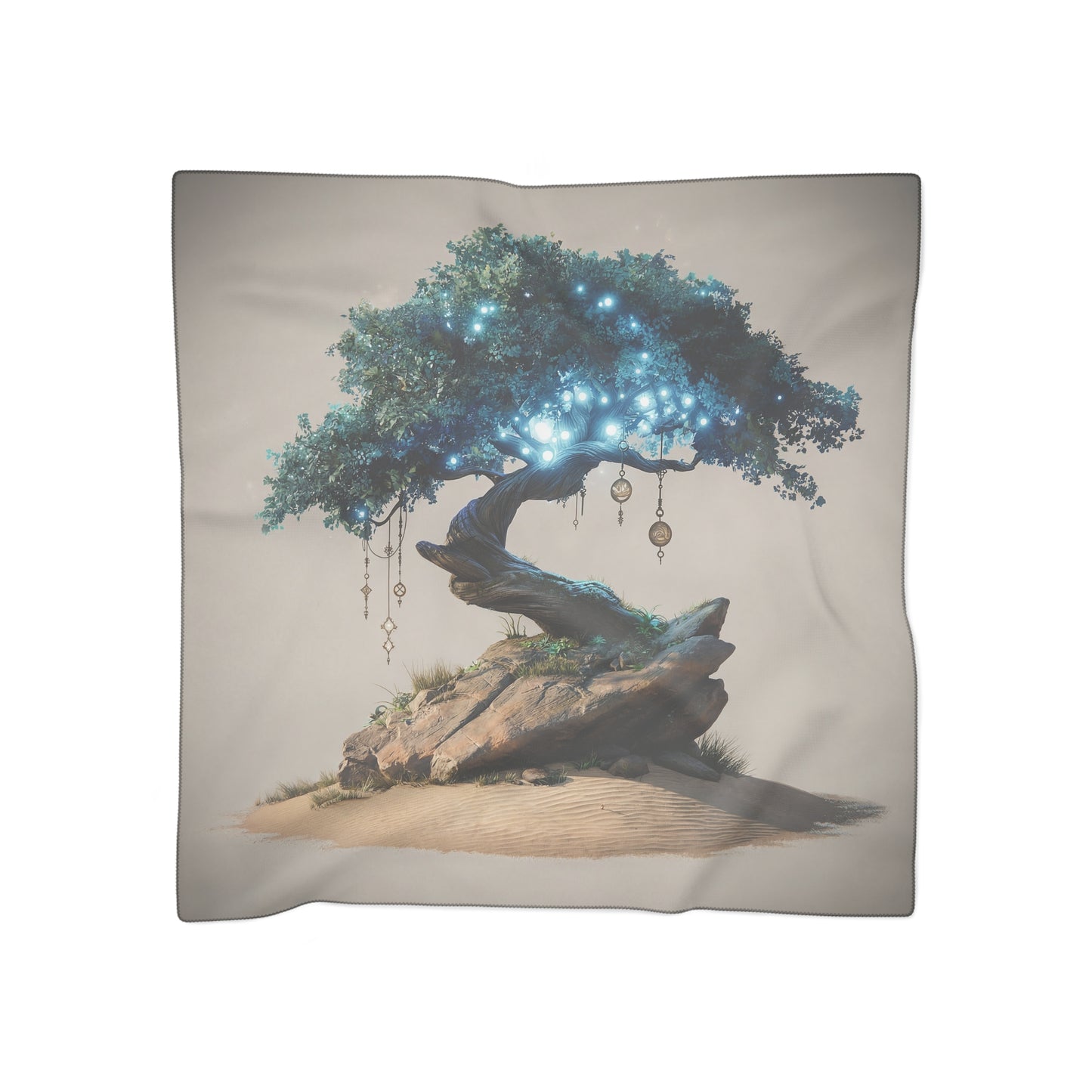 Whispering Wisdom Tree Poly Scarf – Azure Luminescence in Desert Bloom