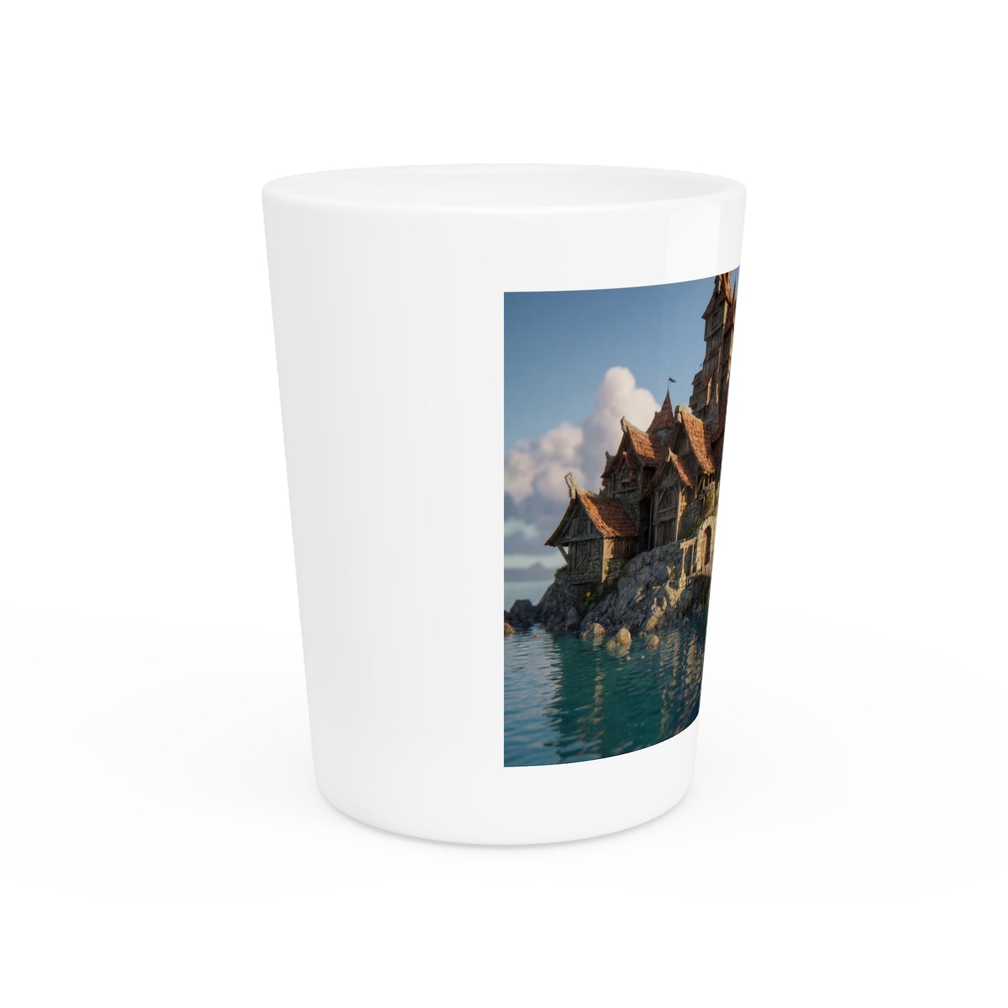 Coastal Viking Village Shot Glass – Sunset Harbor Dreamscape