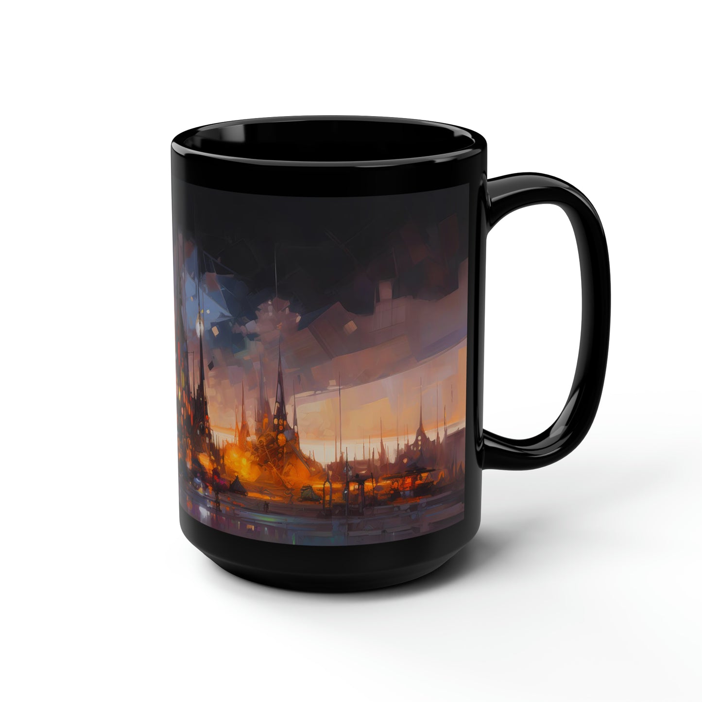 Oil painting of a captivating nocturnal landscape at Burning Man, featuring grand and imaginative art installations - Mug, Black