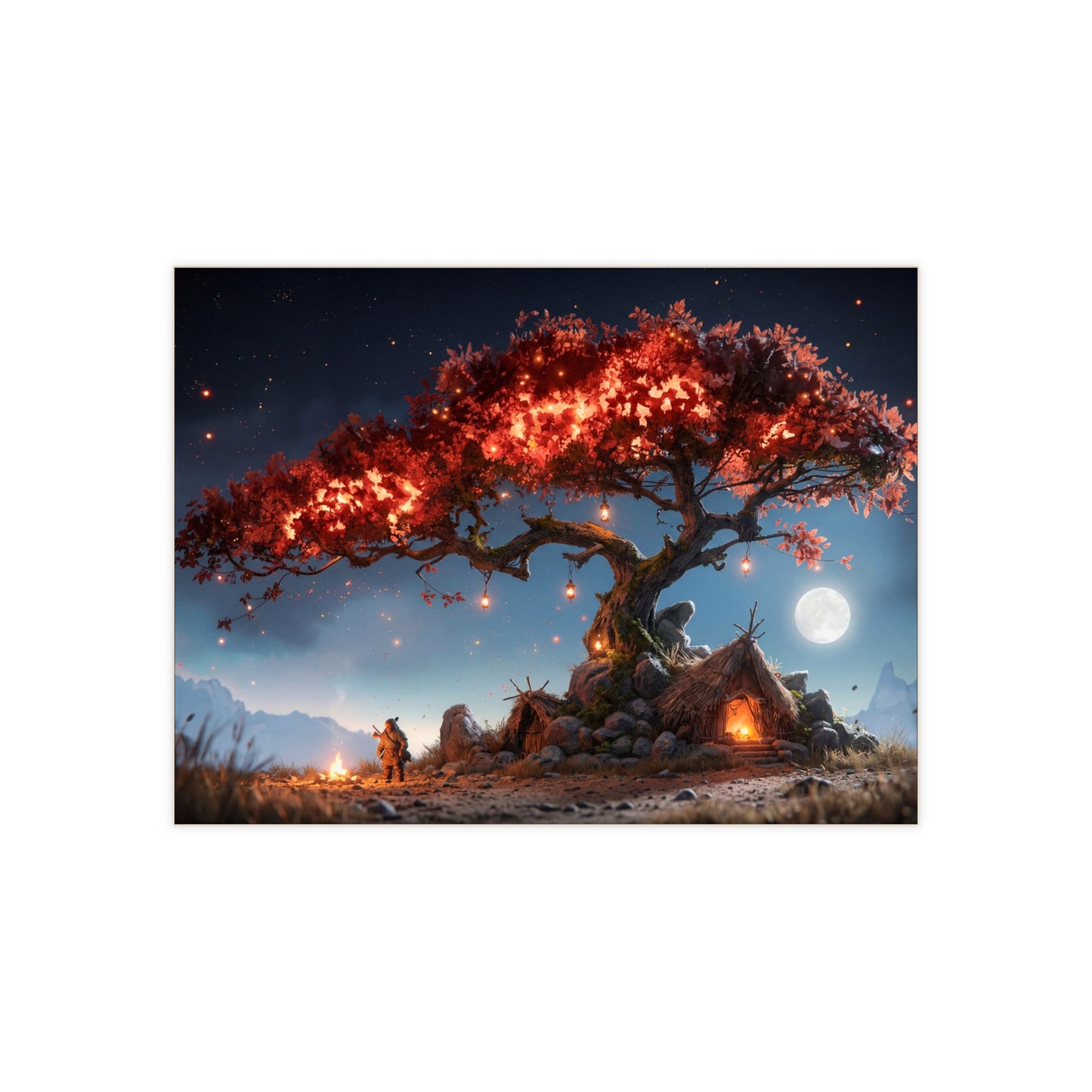 Whispering Ember Tree Ceramic Photo Tile – Moonlit Hearth Under a Burning Canopy