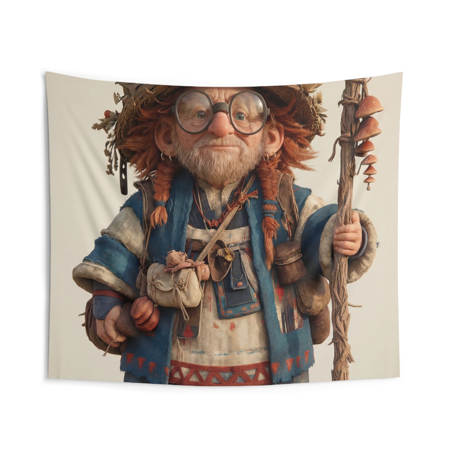 Wandering Herbalist Tapestry – Sunlit Forest Wanderer with Mushroom Staff